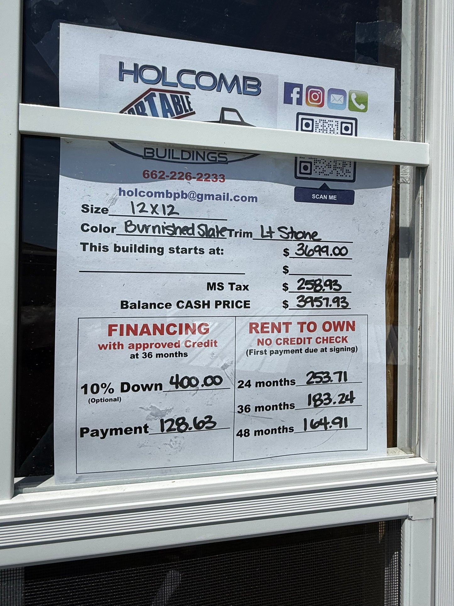 sale sign for 12x12 regular roof portable building