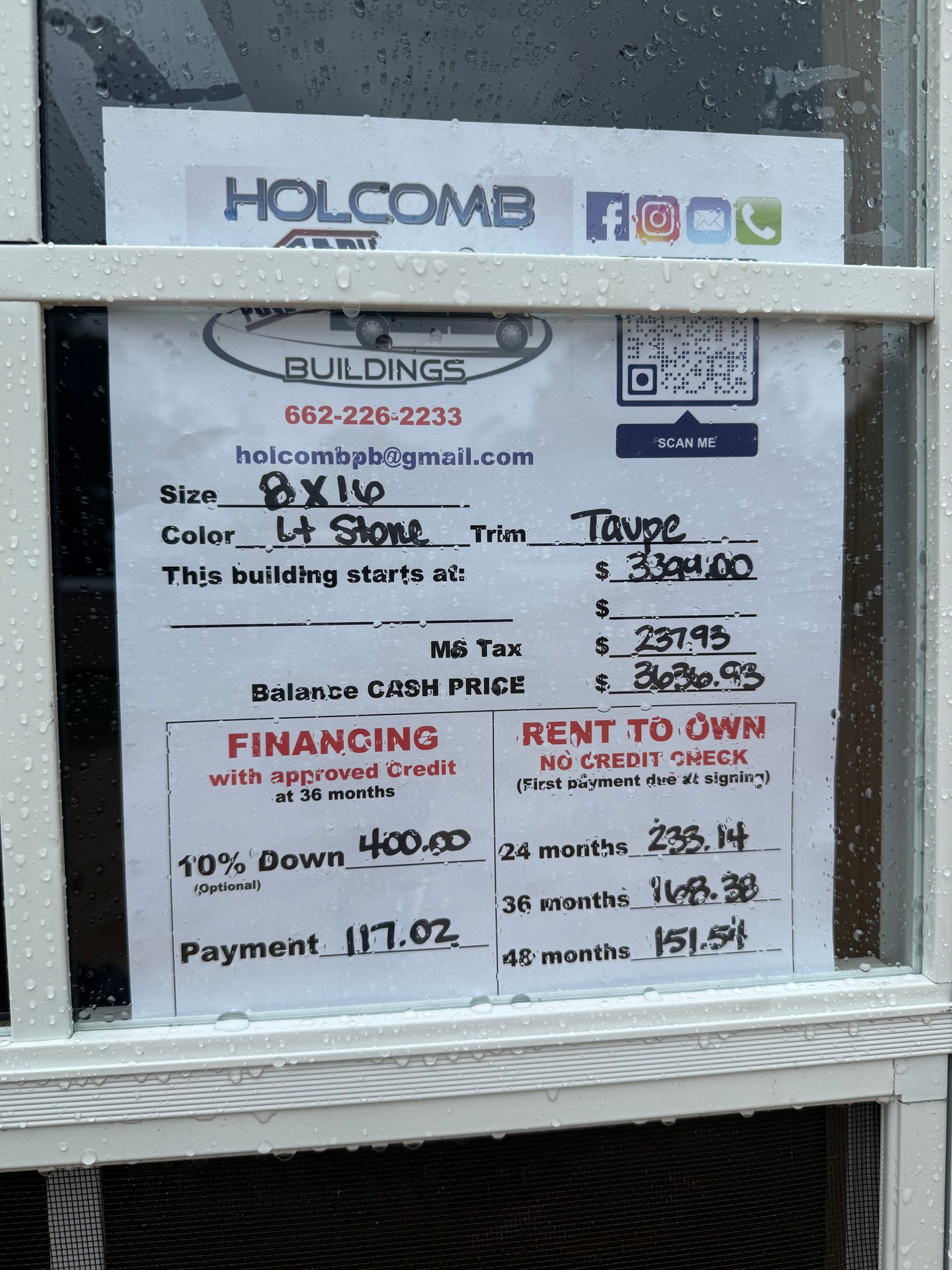 pricing sheet for 8x16 regular roof portable building