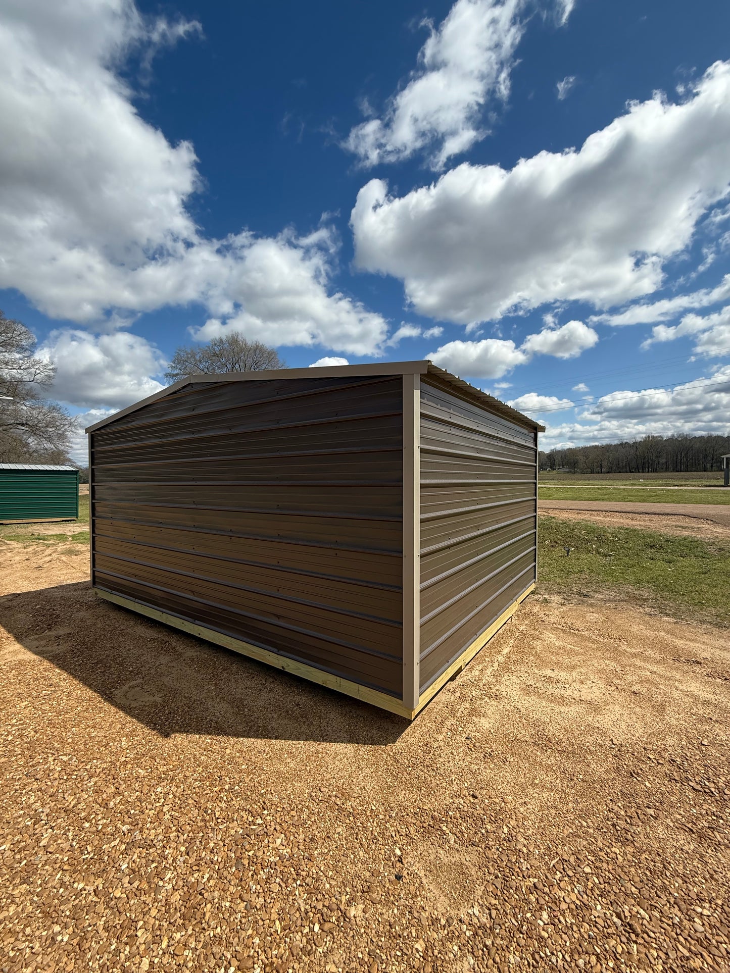 back of 12x16 regular roof storage building- burnished slate and taupe