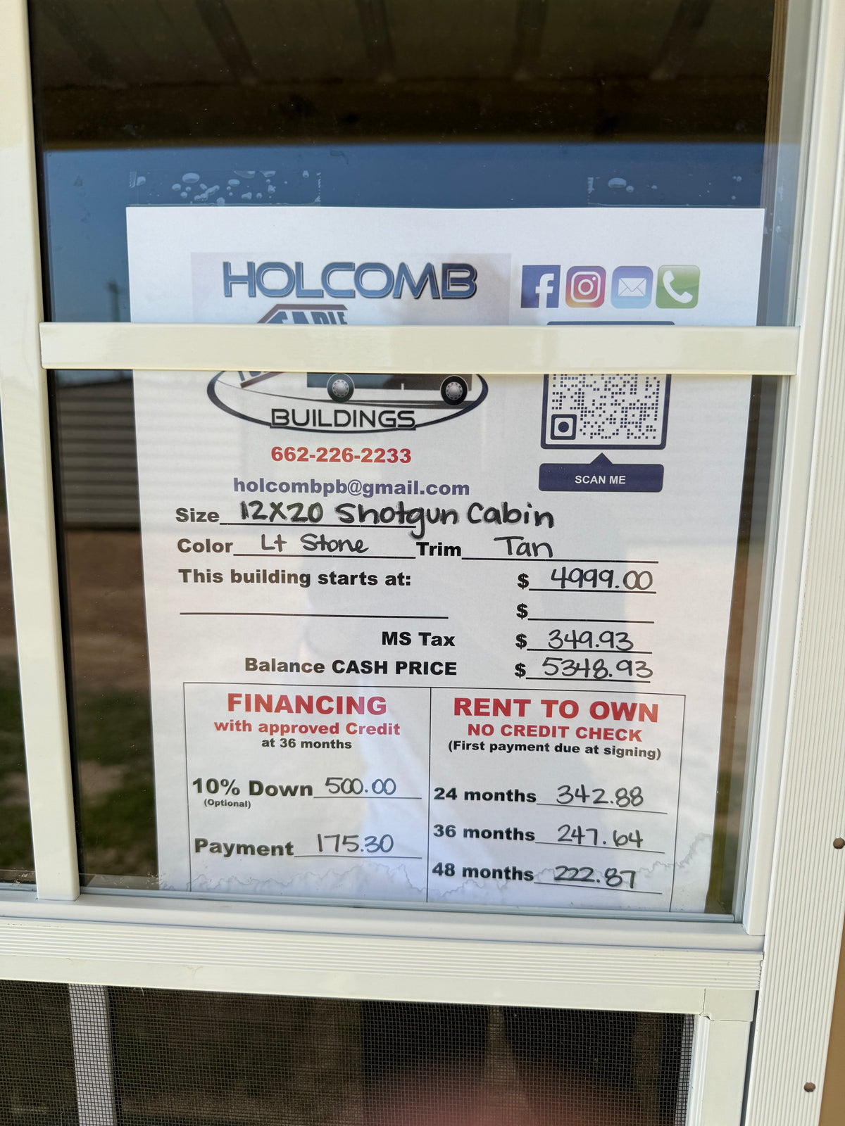 pricing of 12x20 shotgun cabin