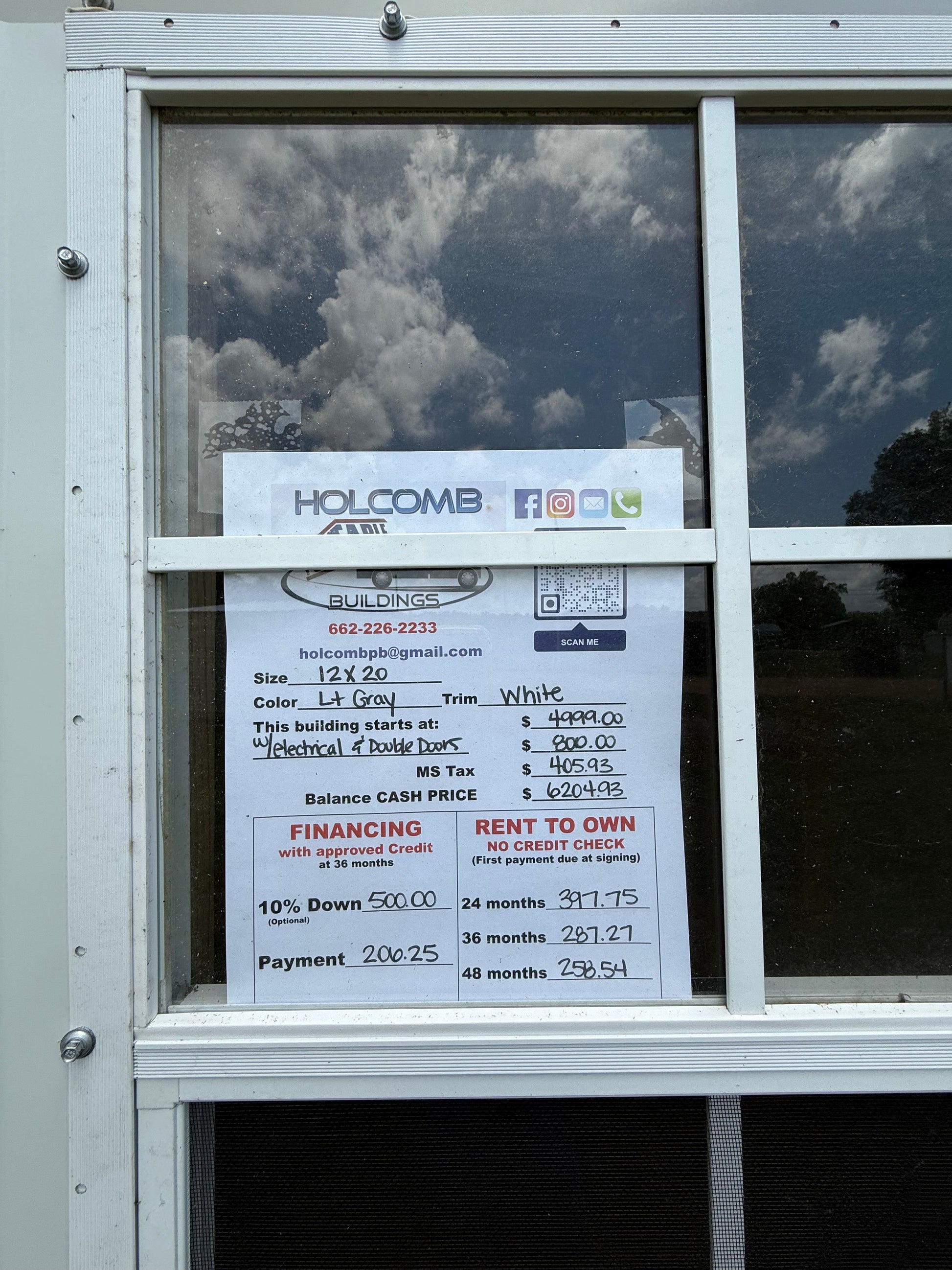 pricing sticker of a 12x20 portable building with an electrical package