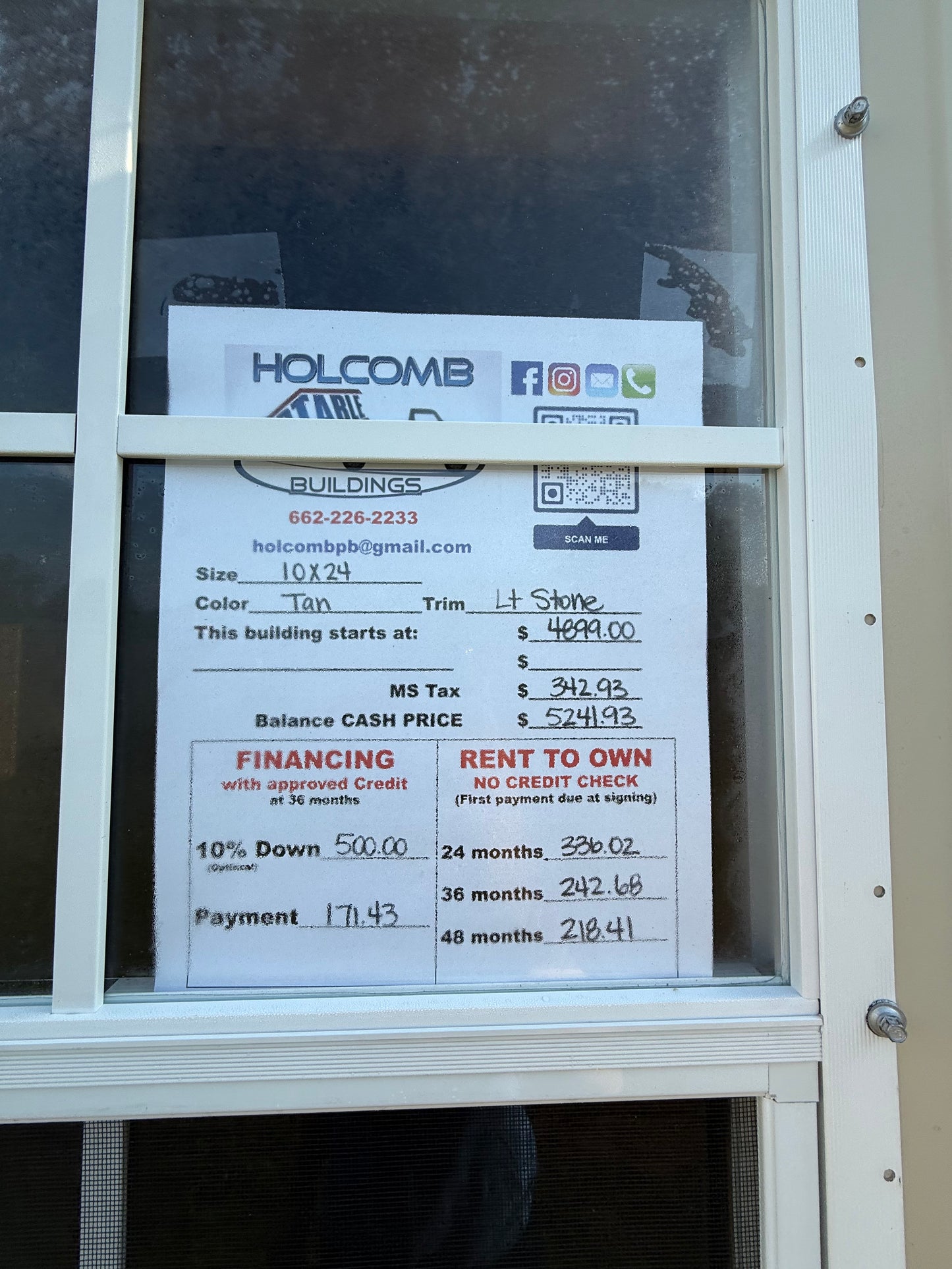 price sheet for 10x24 regular roof portable building