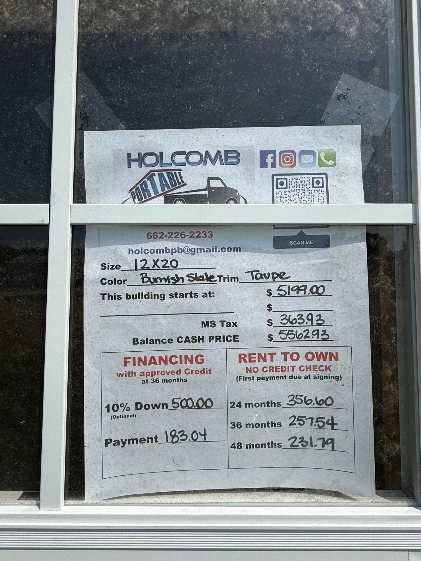 pricing sheet for 12x20 regular roof portable building
