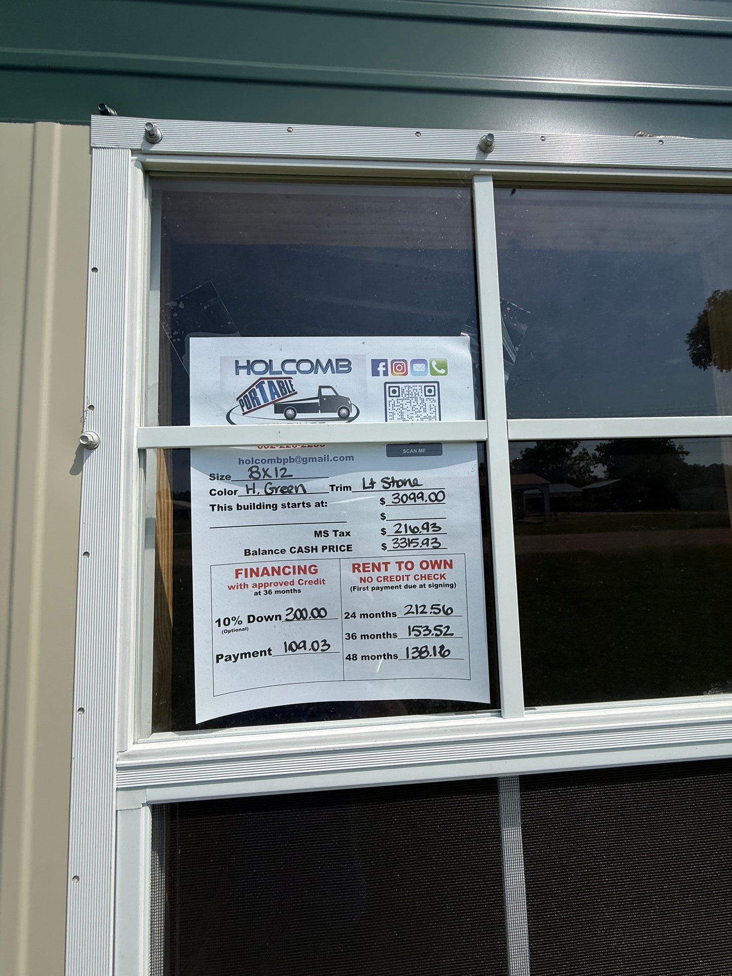 pricing sheet for 8x12 regular roof portable building