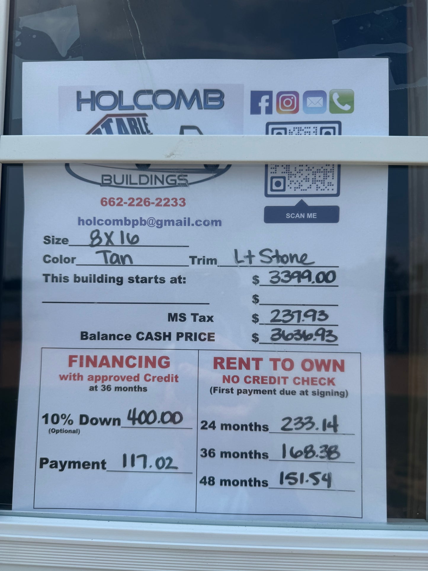 pricing sheet for regular roof 8x16 portable building