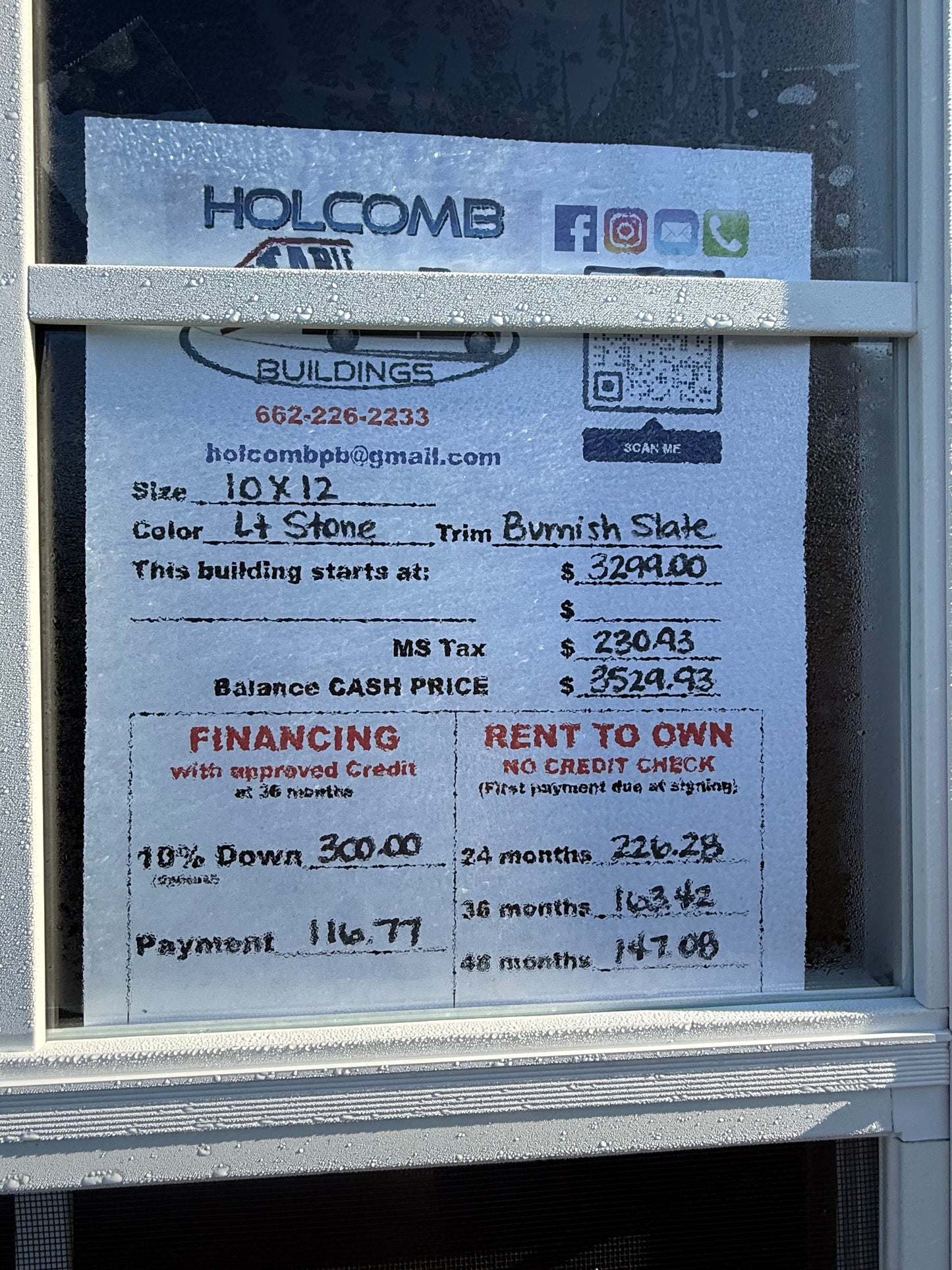 pricing sheet for 10x12 regular roof portable building
