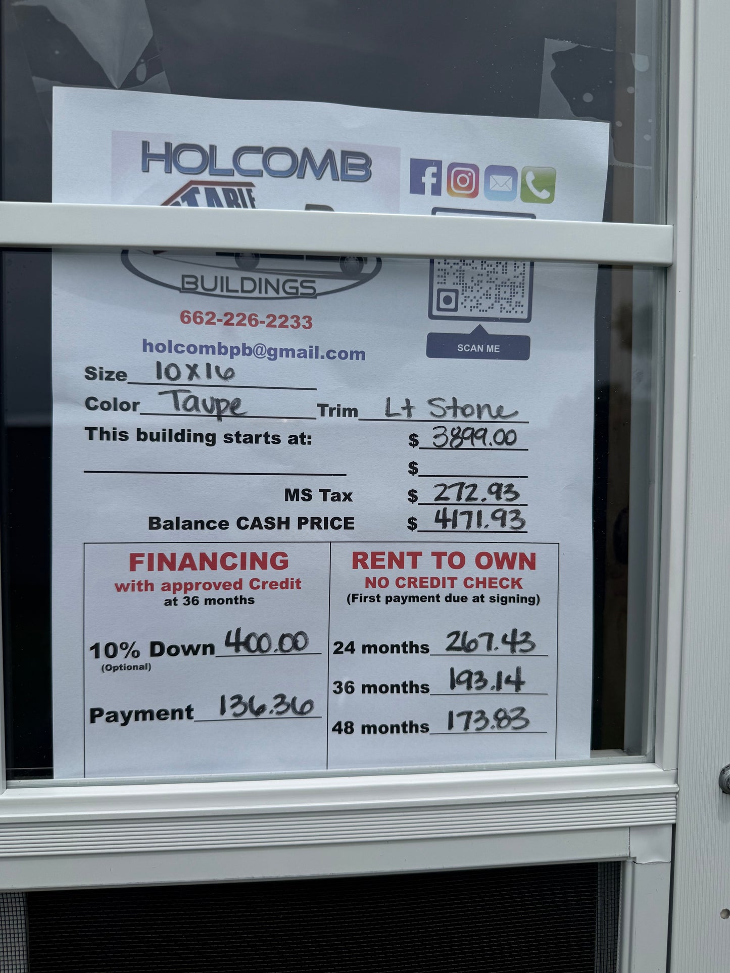 pricing sheet for 10x16 regular roof portable building