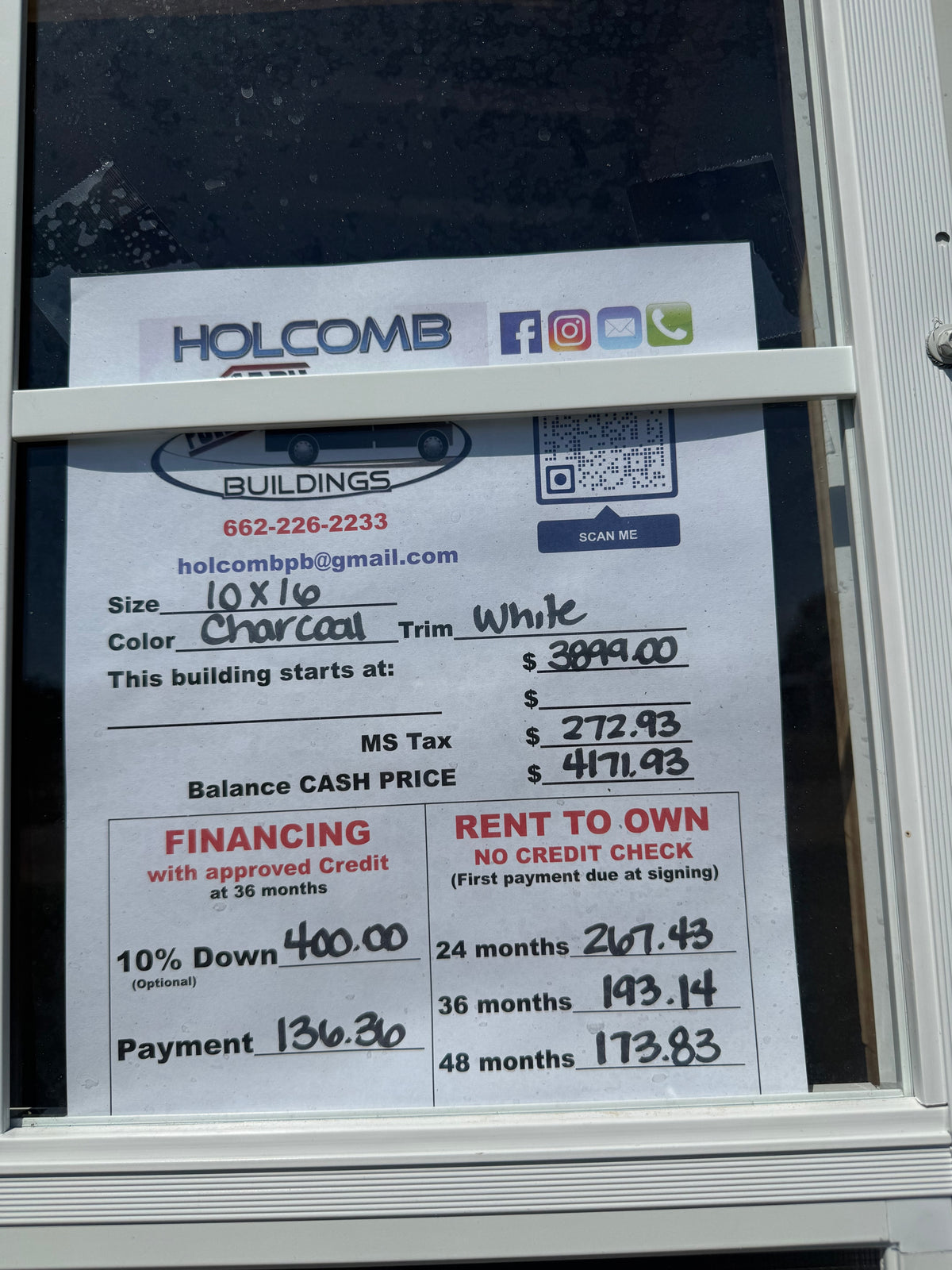 pricing sheet for 10x16 regular roof portable building