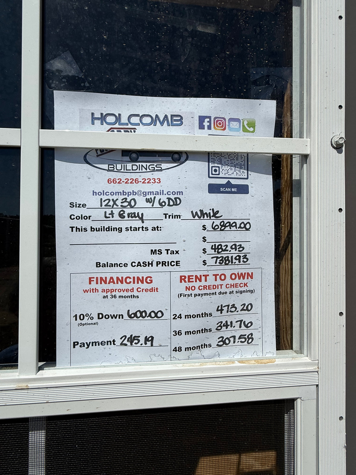 pricing sheet for 12x30 regular roof portable building