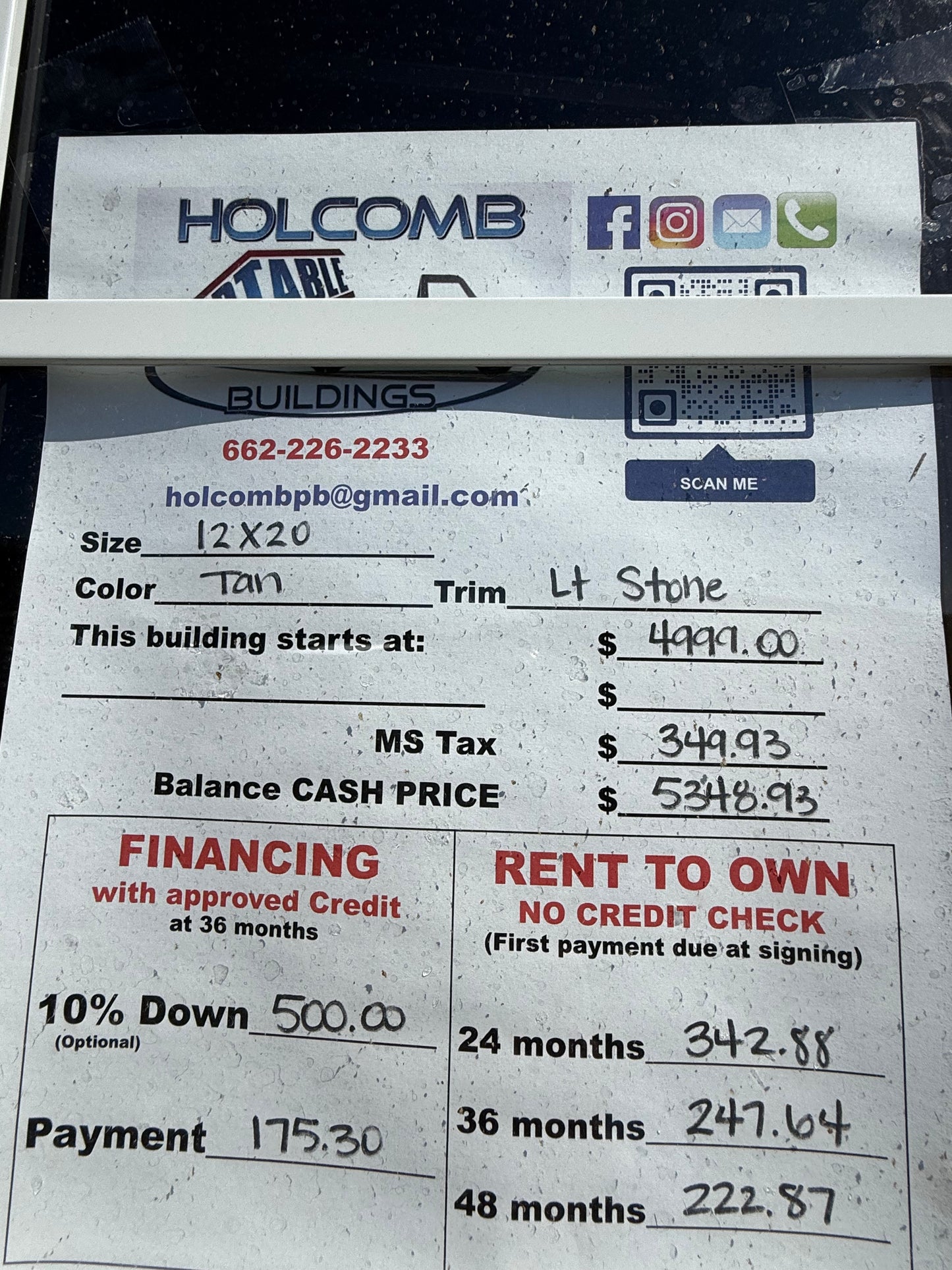 Pricing for 12x20 regular roof building