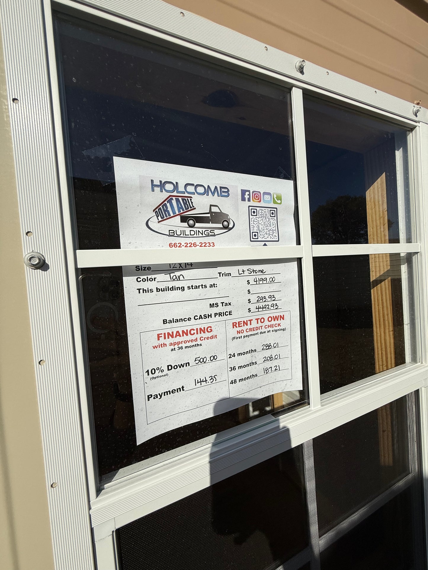 pricing sign for 12x14 regular roof portable building