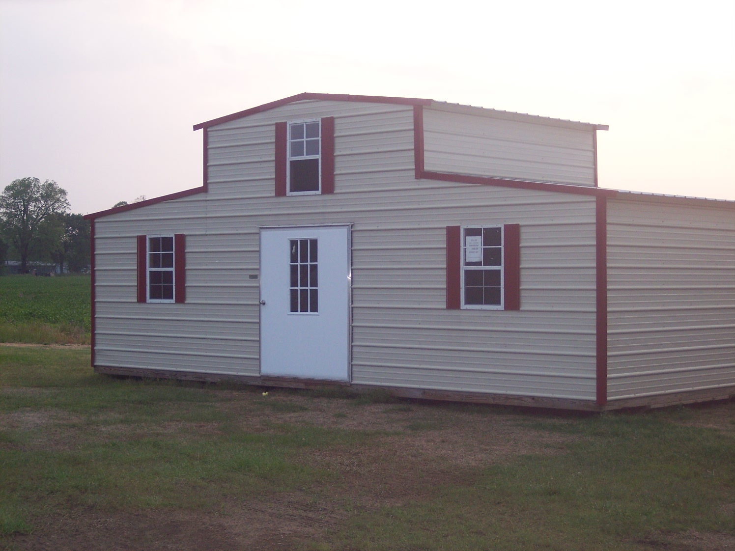 Tan and Red Storage Building with Center Loft |