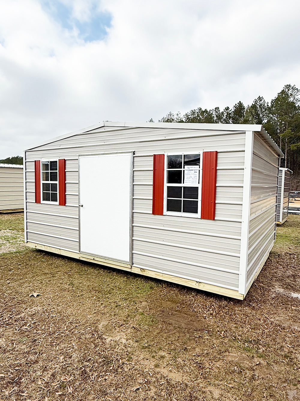 12x16 Regular Roof Portable Building - Gray/Alamo White Trim/Rustic Red Shutters
