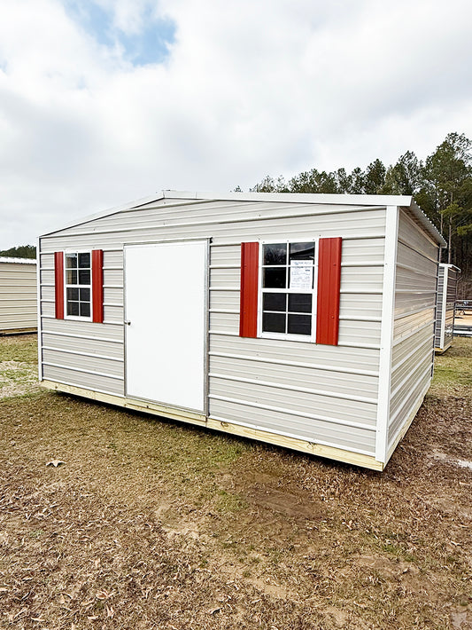12x16 Regular Roof Portable Building - Gray/Alamo White Trim/Rustic Red Shutters