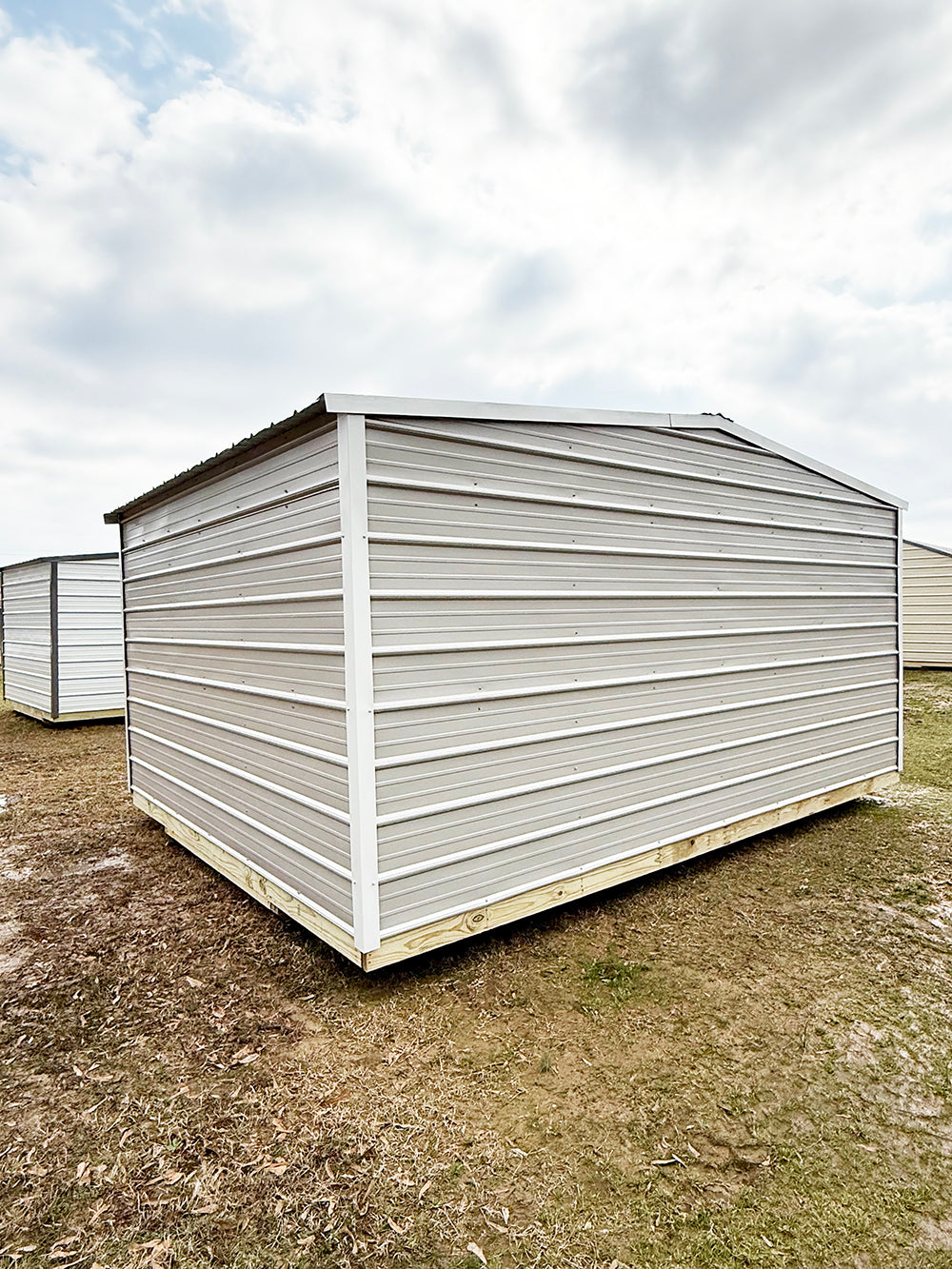 12x16 Regular Roof Portable Building - Gray/Alamo White Trim/Rustic Red Shutters1