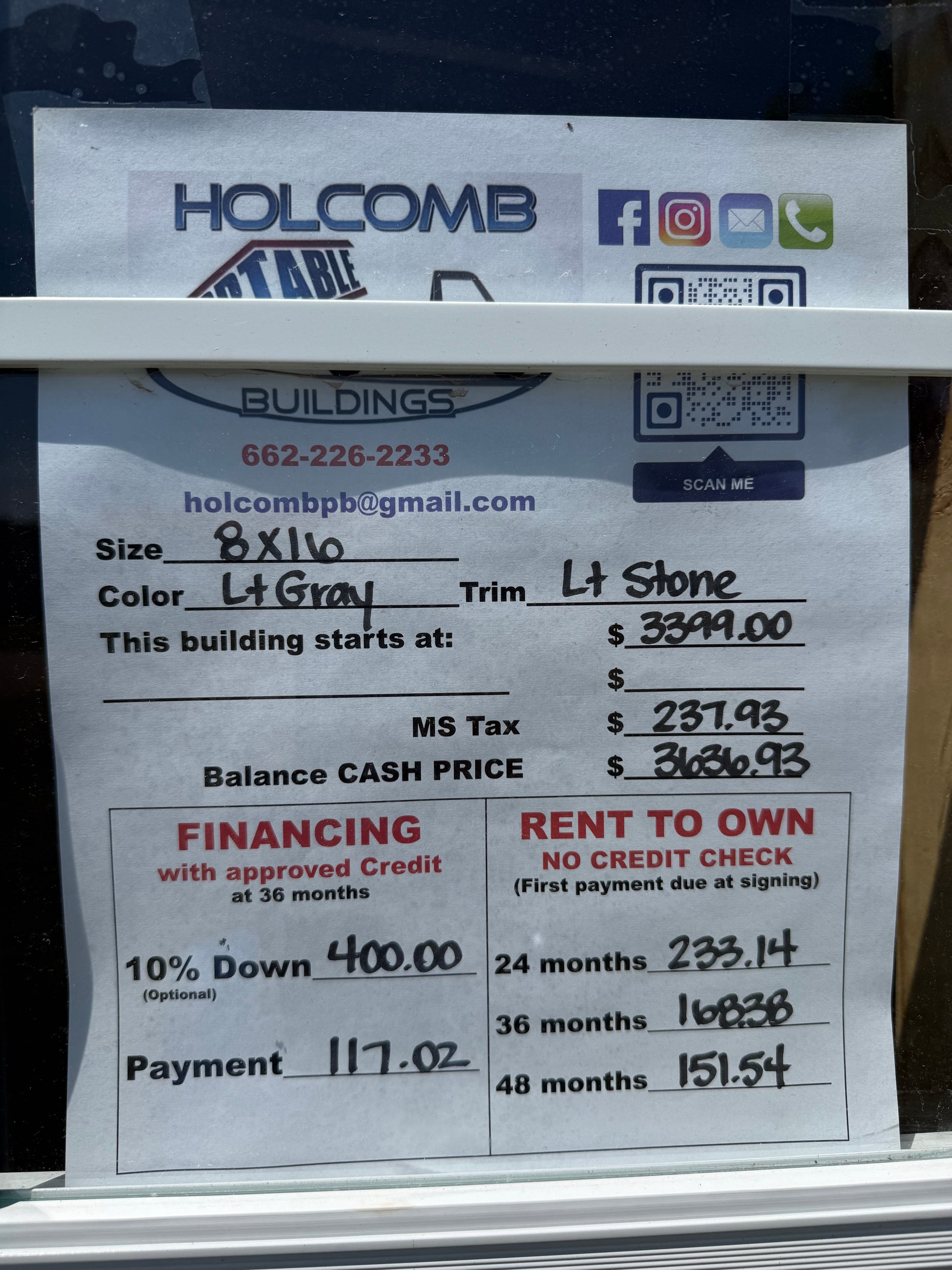 sale sheet for 8x16 regular roof portable building 