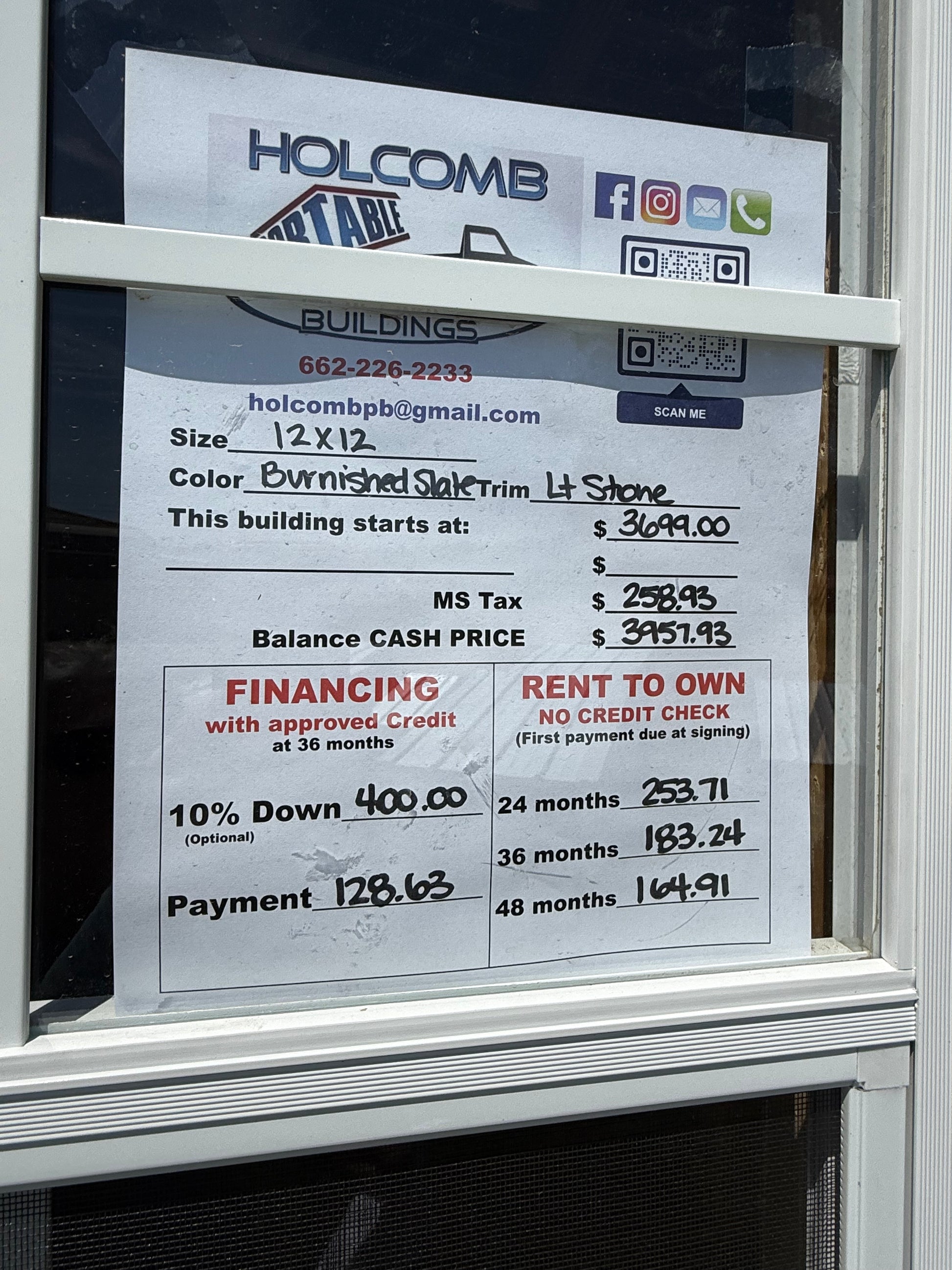 sale sign for 12x12 regular roof portable building 