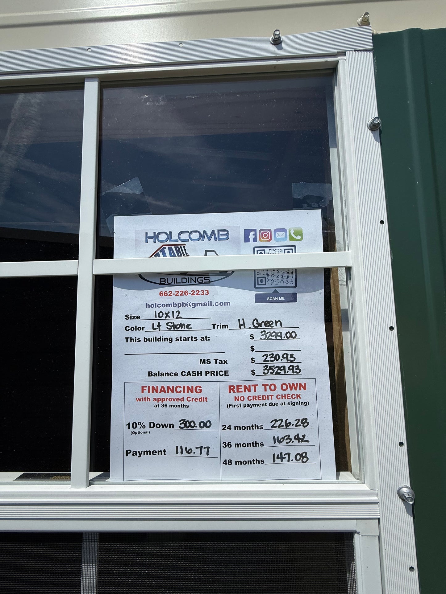 pricing sheet for 10x12 regular roof portable building 
