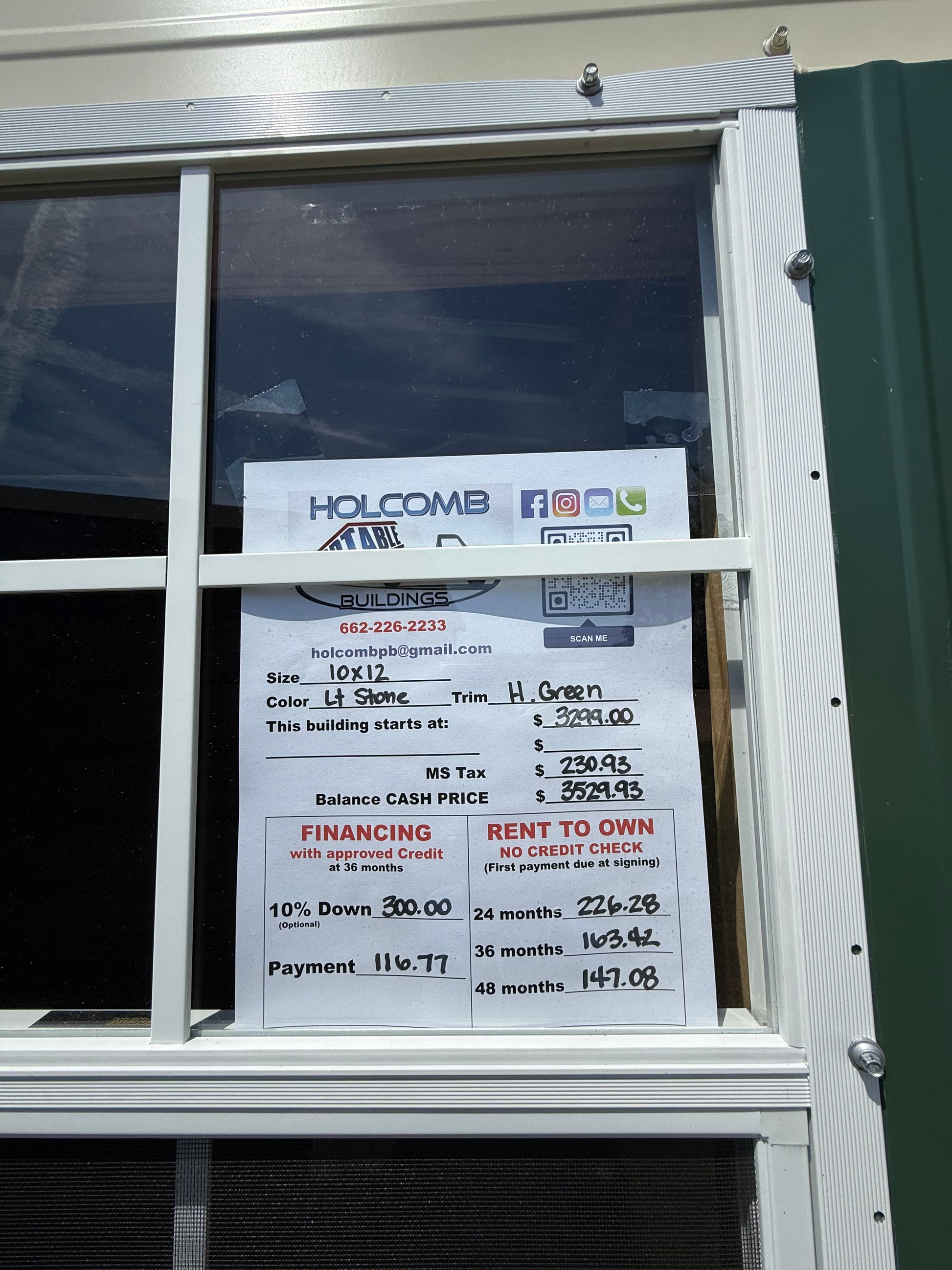 pricing sheet for 10x12 regular roof portable building 