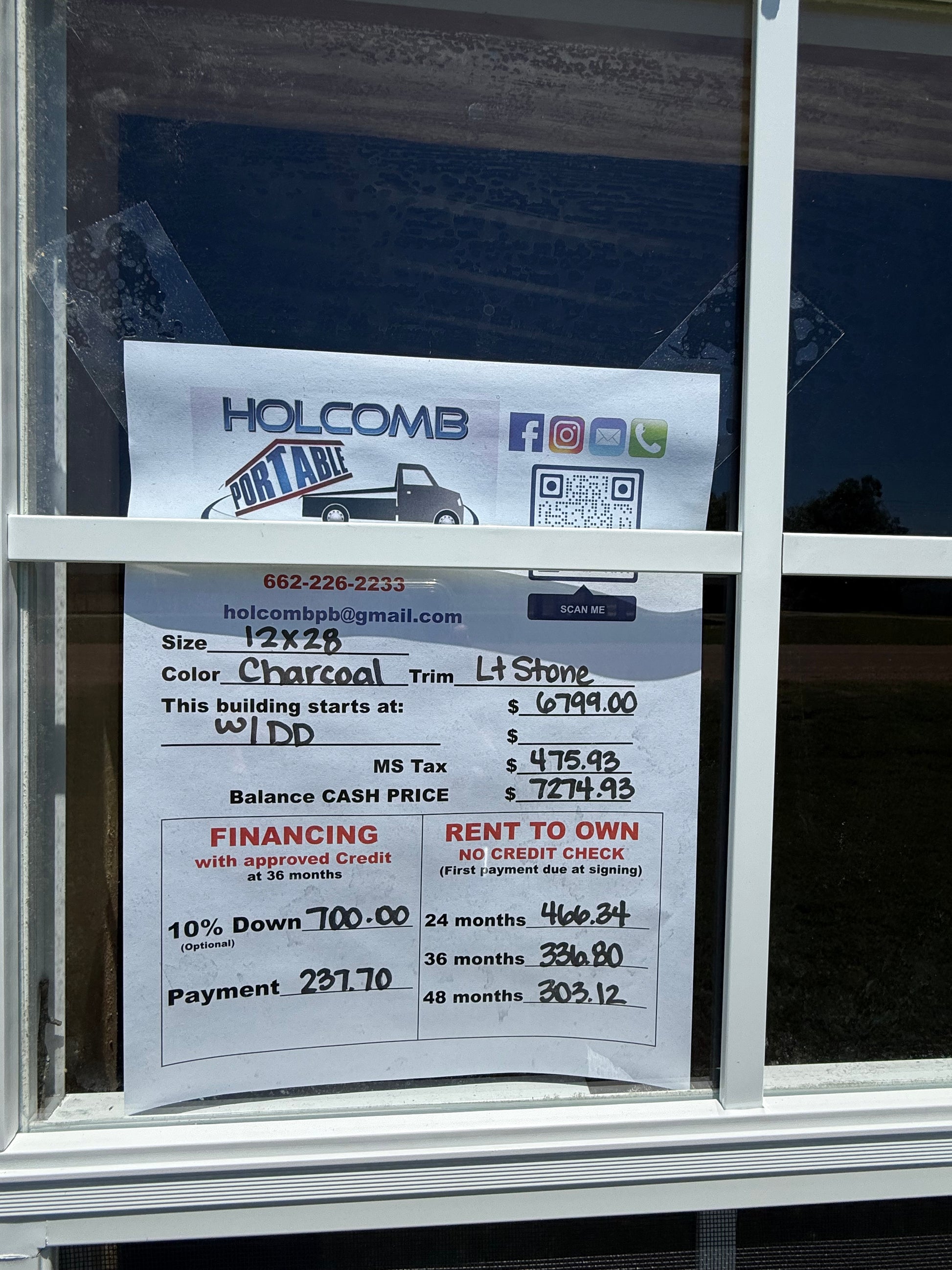 sale sheet for 12x28 regular portable building with 6' double doors 