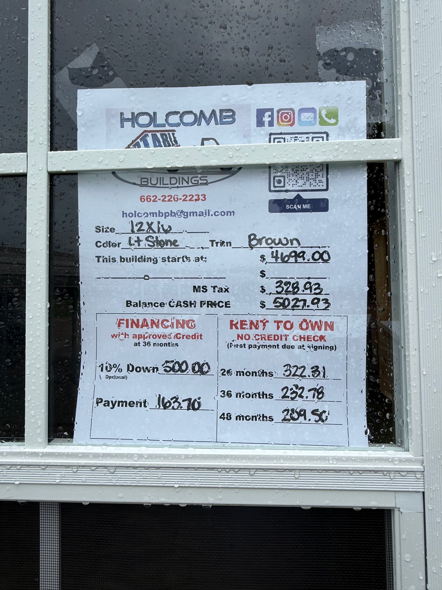pricing sheet for 12x16 regular roof portable building 