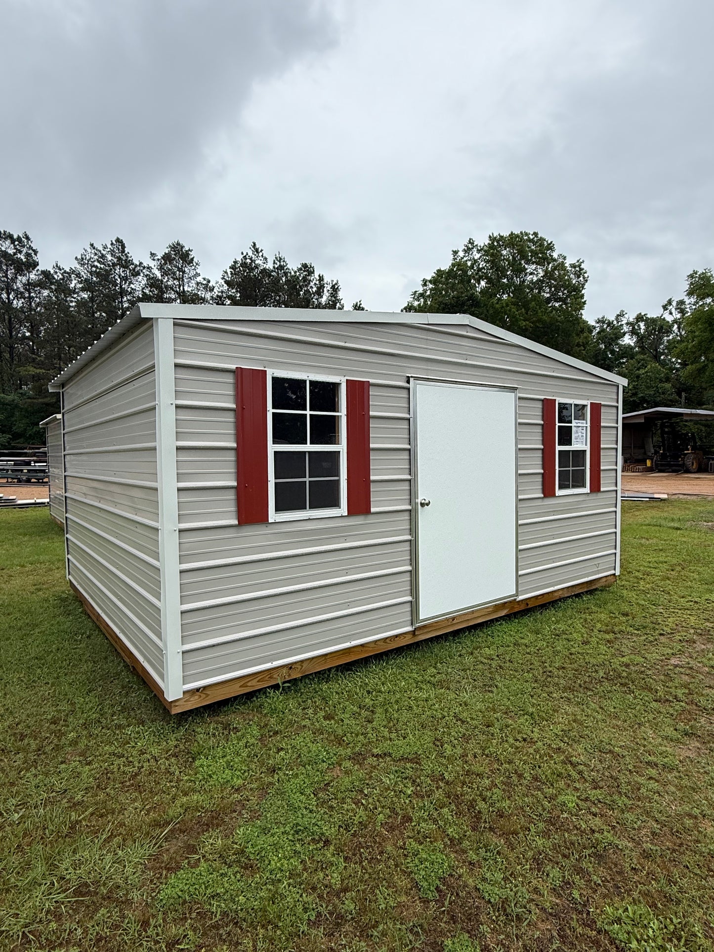 12x16 Regular Roof Portable Building - Gray/Alamo White Trim/Rustic Red Shutters