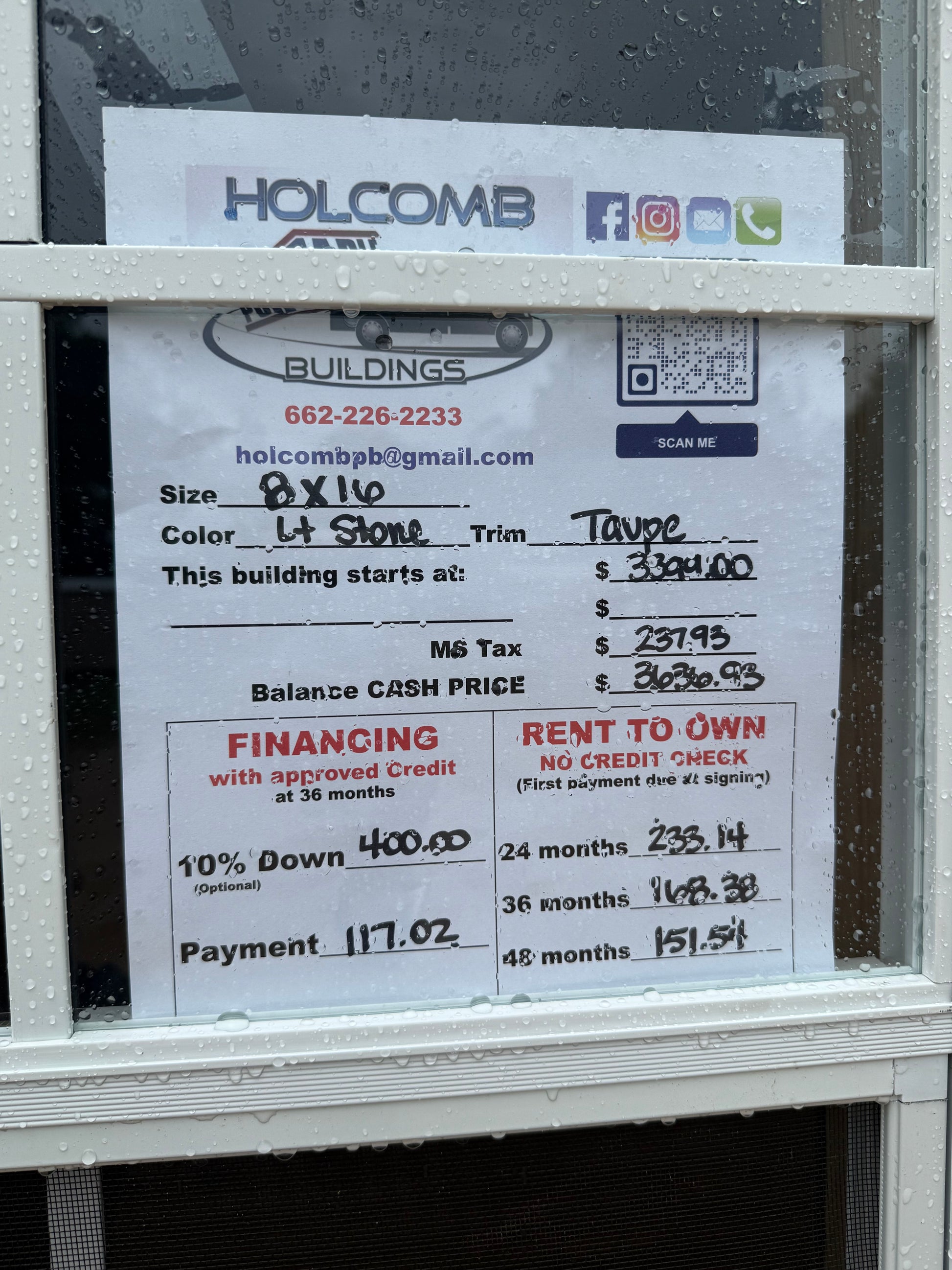 pricing sheet for 8x16 regular roof portable building