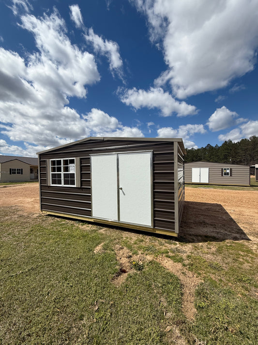 12x16 regular roof portable building with double doors and double windows -burnished slate and taupe trim/shutters