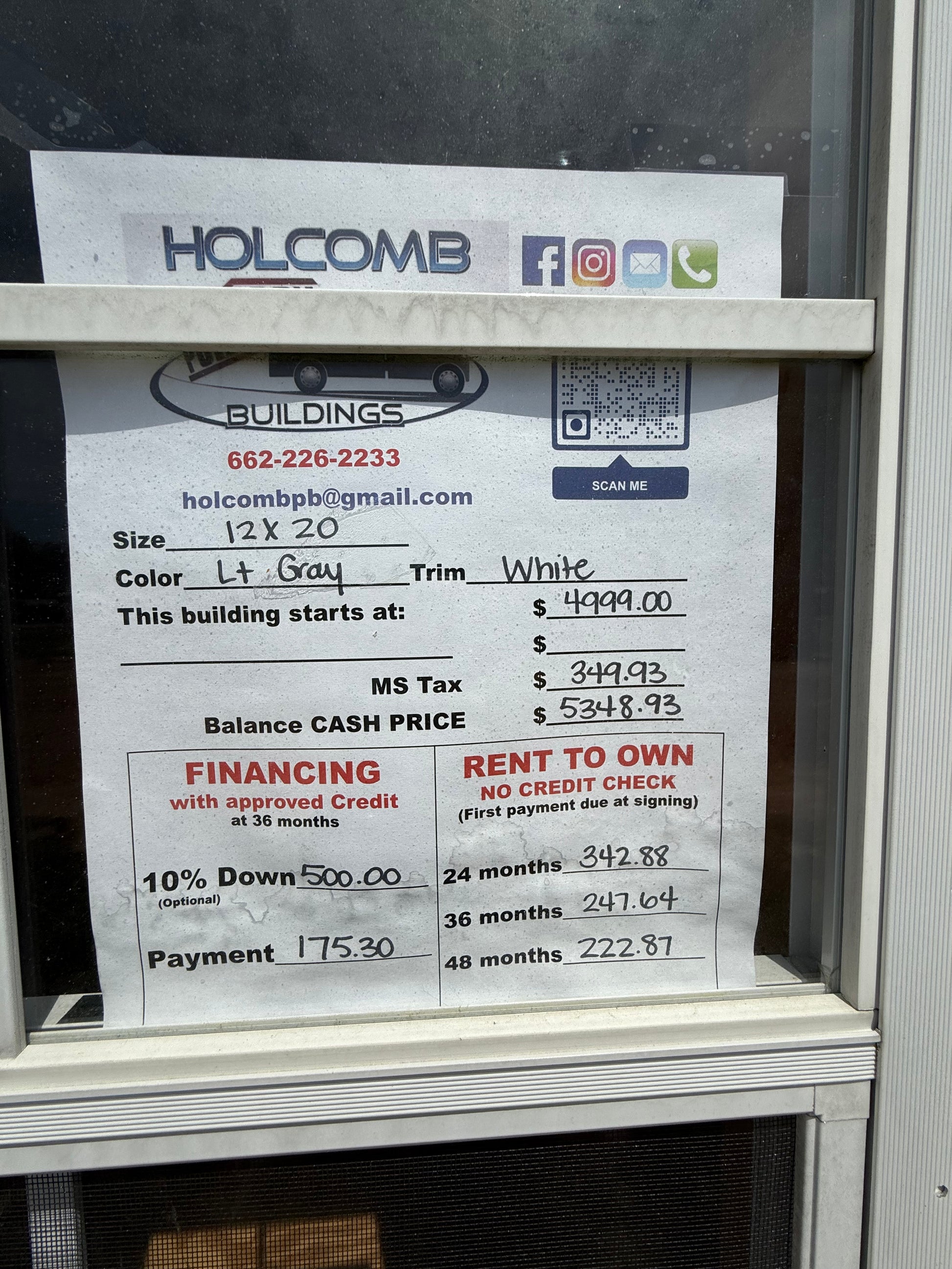 pricing of 12x20 building 