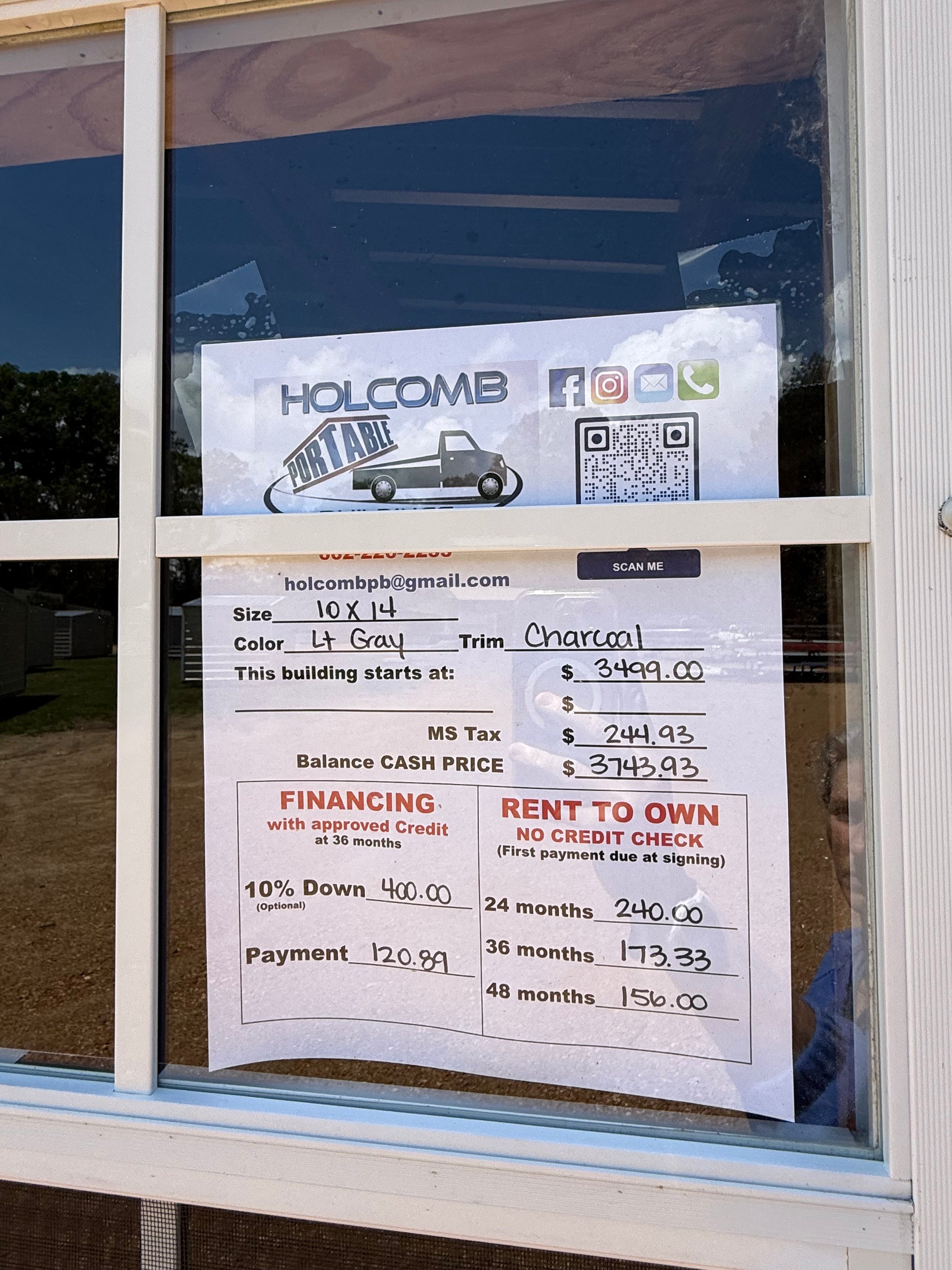 pricing sticker for 10x14 portable building 
