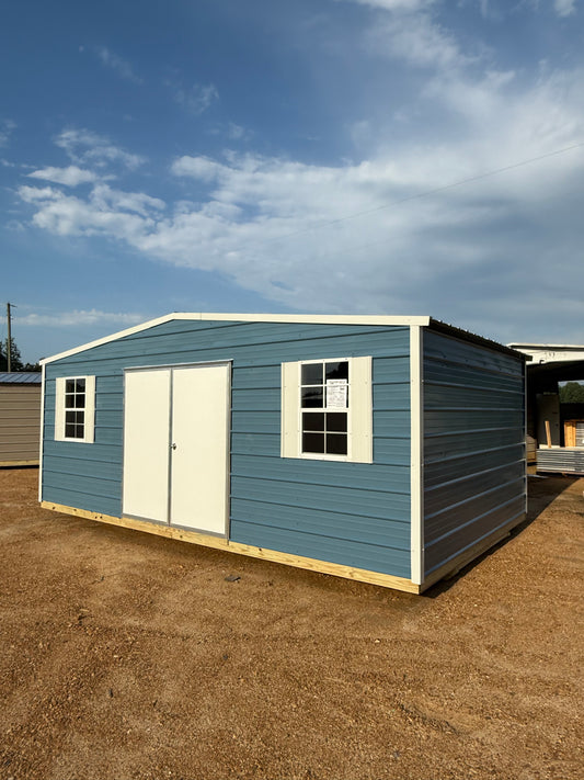 front of 12x20 regular roof portable building with a double door in ocean blue/alamo white 