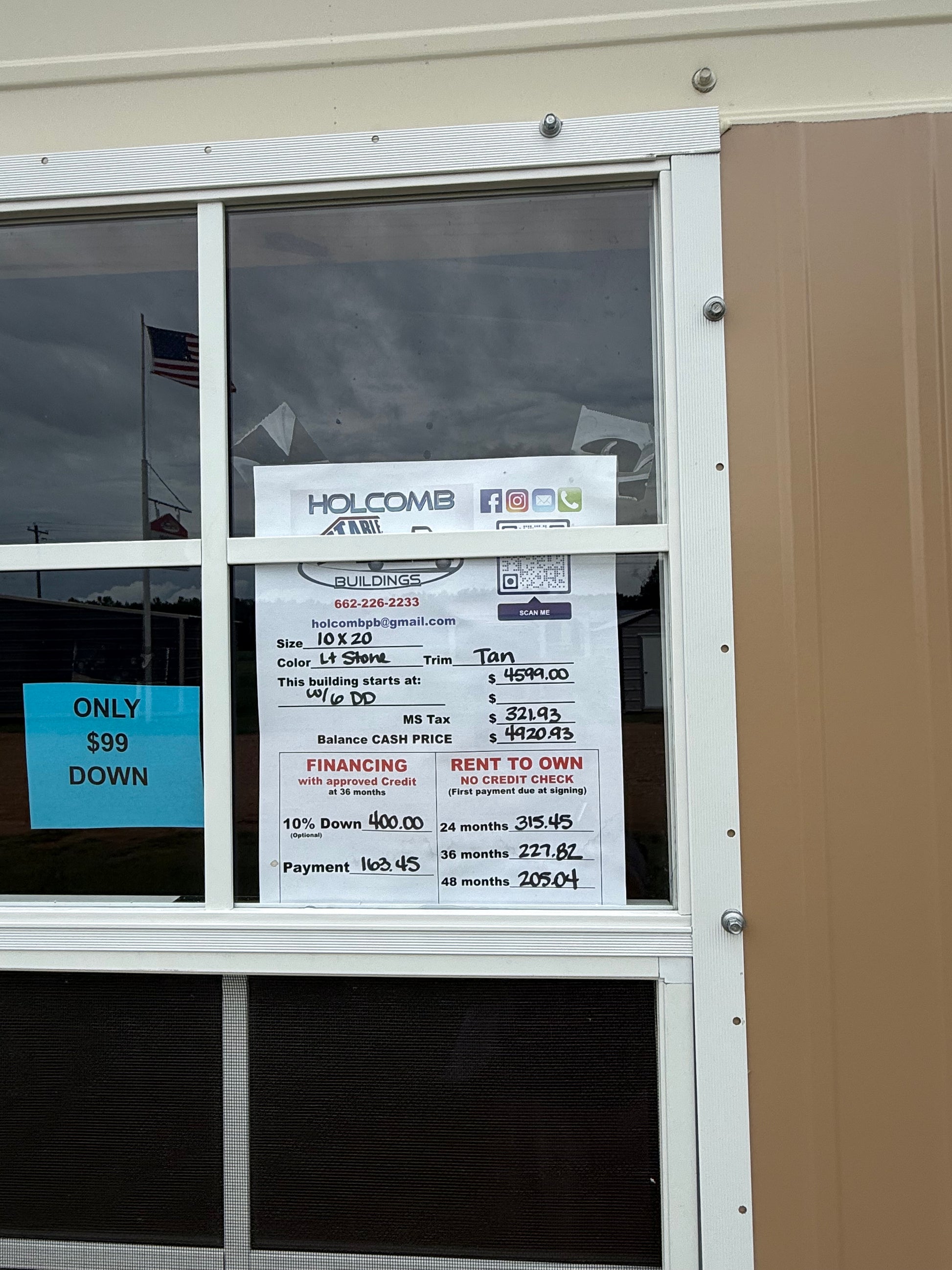 pricing sheet for 10x20 regular roof portable building 