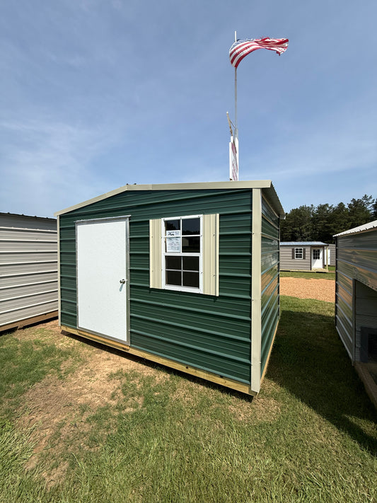 8x12 Regular roof portable building Hunter green/light stone