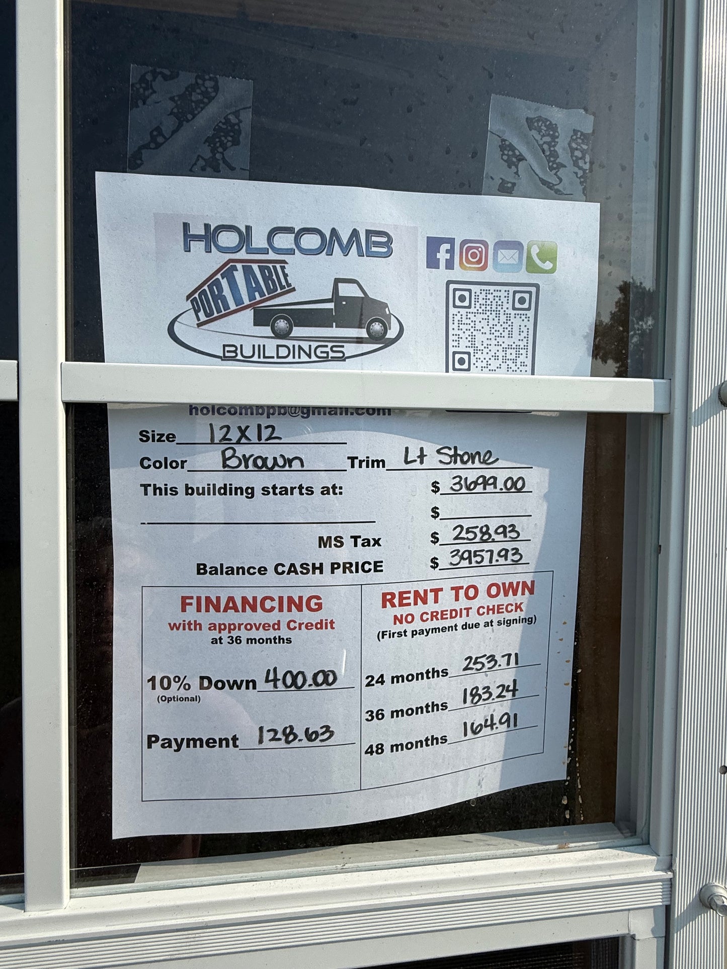 pricing sheet for 12x12 regular roof portable building