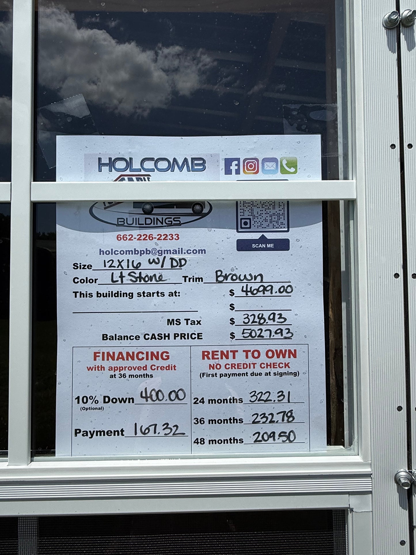 pricing sheet for 12x16 regular roof portable building with double door and double windows