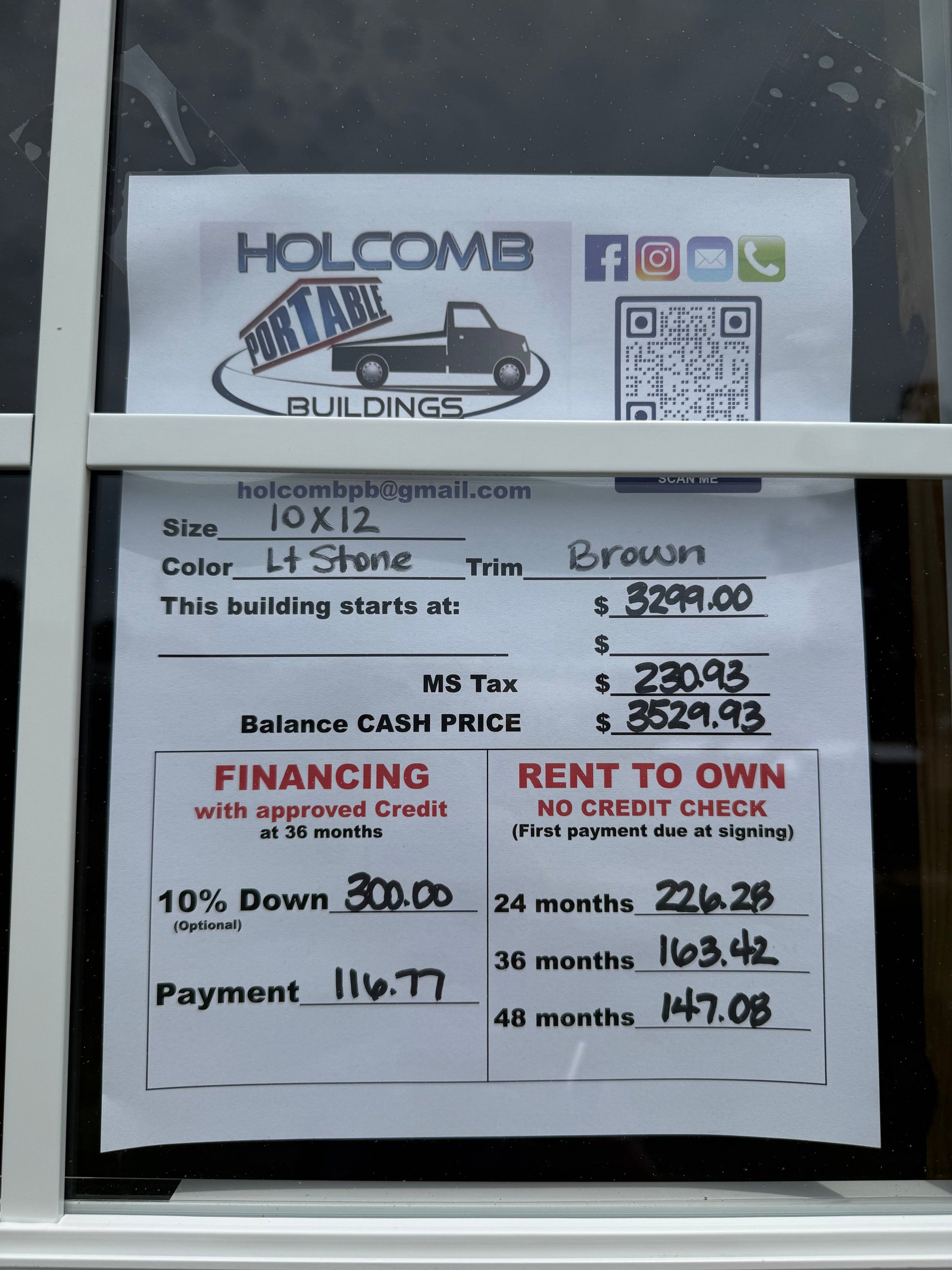 pricing sheet for 10x12 regular roof portable building 