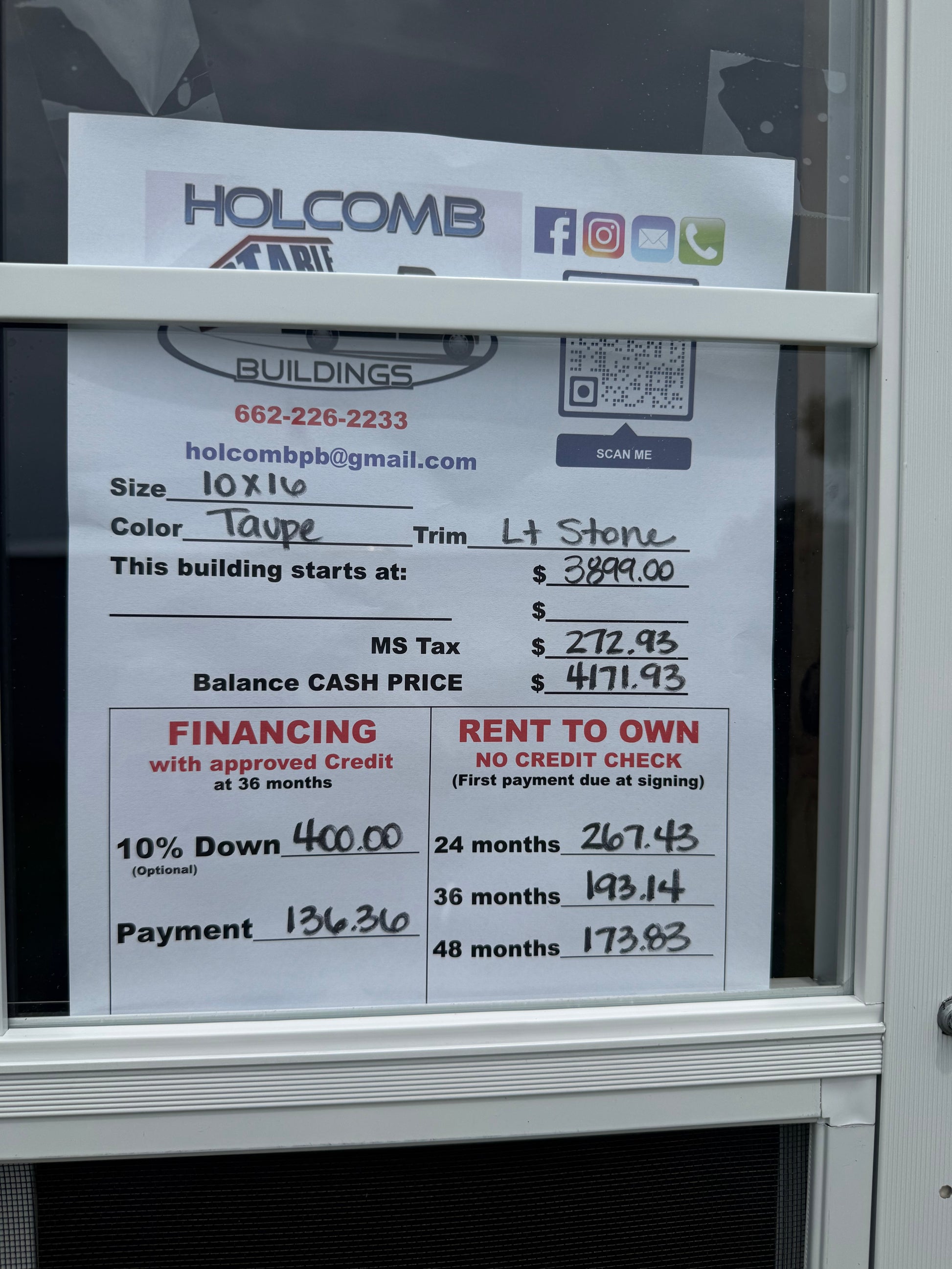 pricing sheet for 10x16 regular roof portable building 