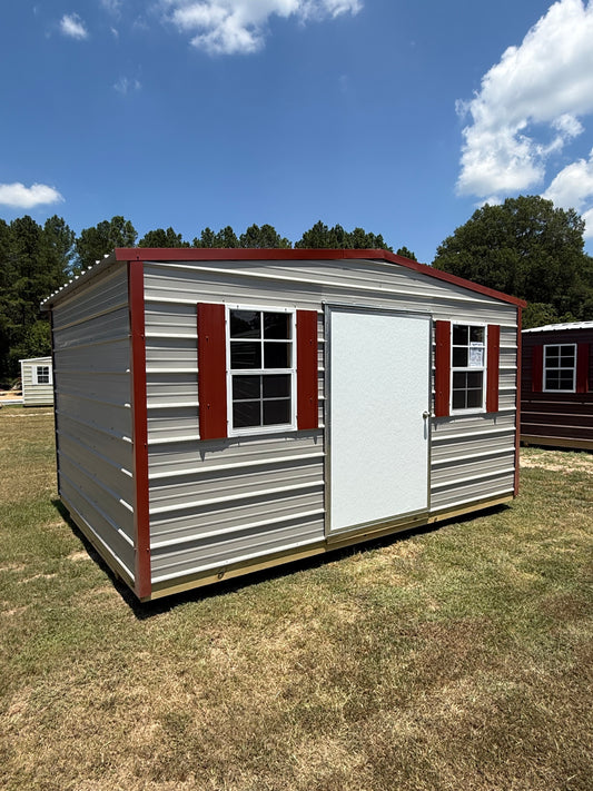10x14 Gray/Rustic Red Regular Roof Portable Building