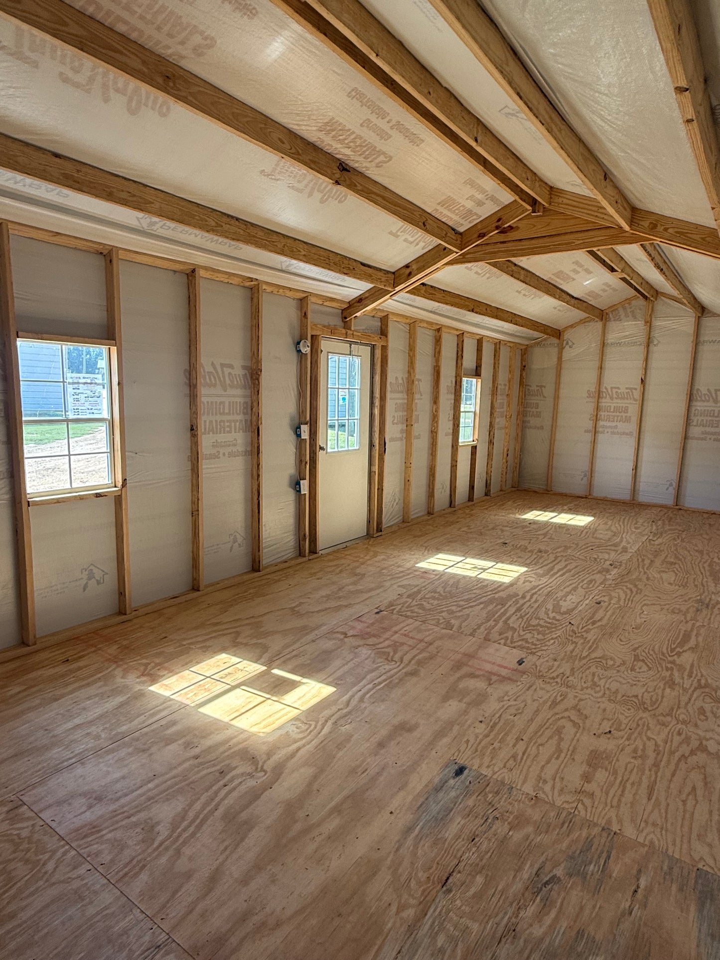 inside view of 12x32 peak building with house wrap