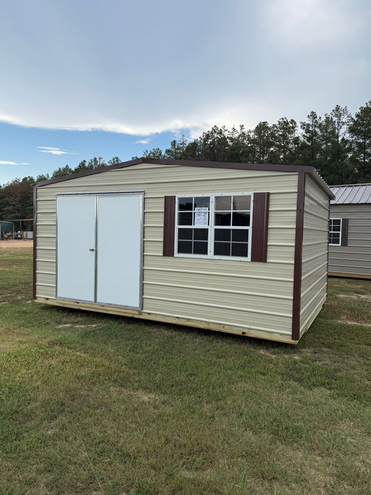 12x16 regular roof portable building with double door plus double windows in light stone/brown
