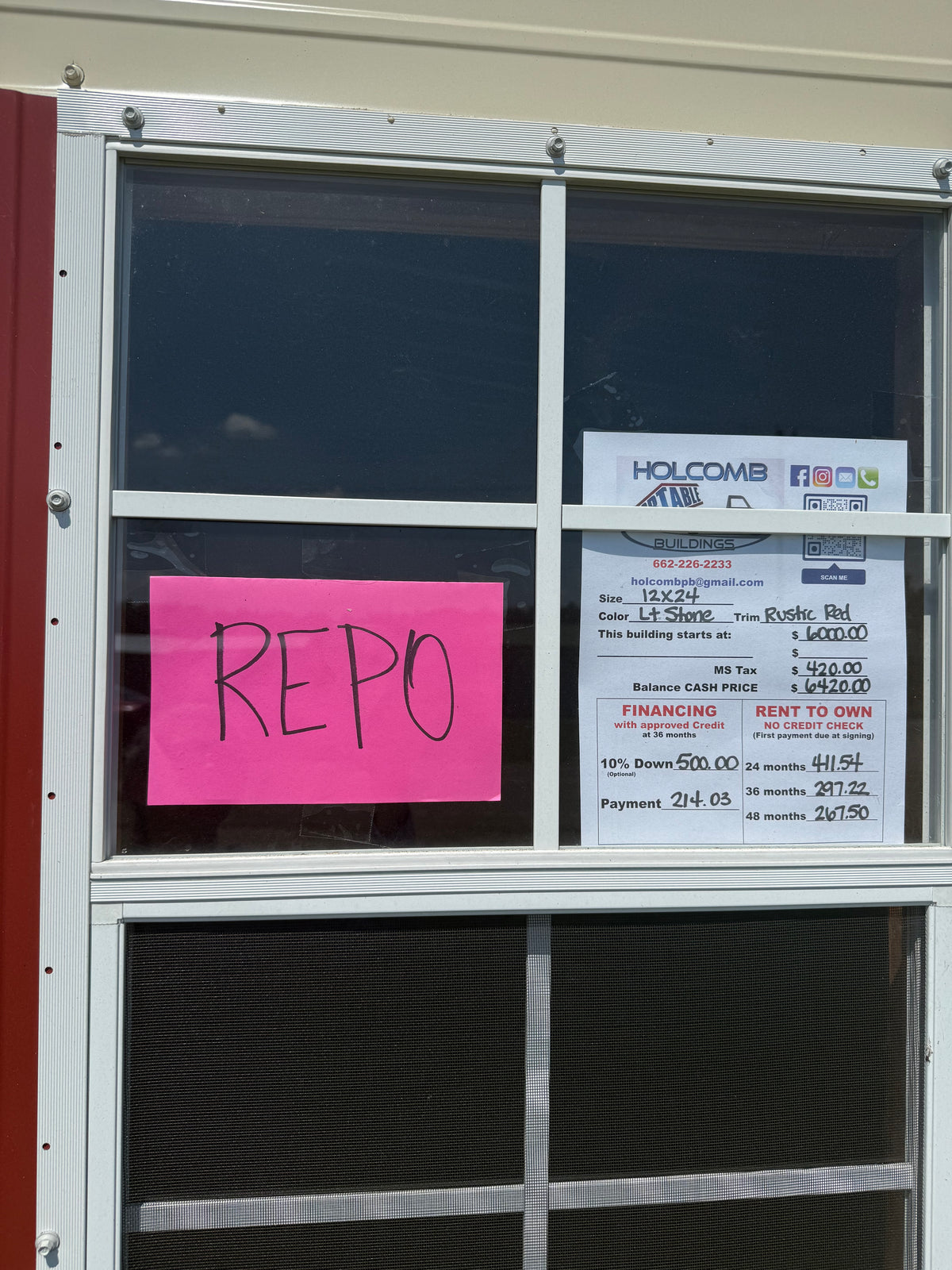 price sheet of 12x24 Barn REPO