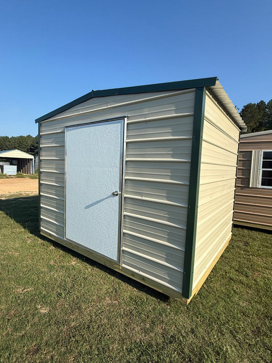 8x10 Light Stone and Hunter Green Regular Roof Portable Building