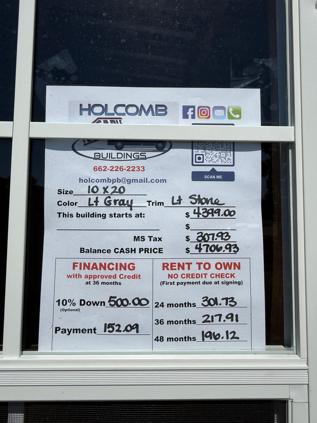 pricing sheet for 10x20 regular roof portable building 