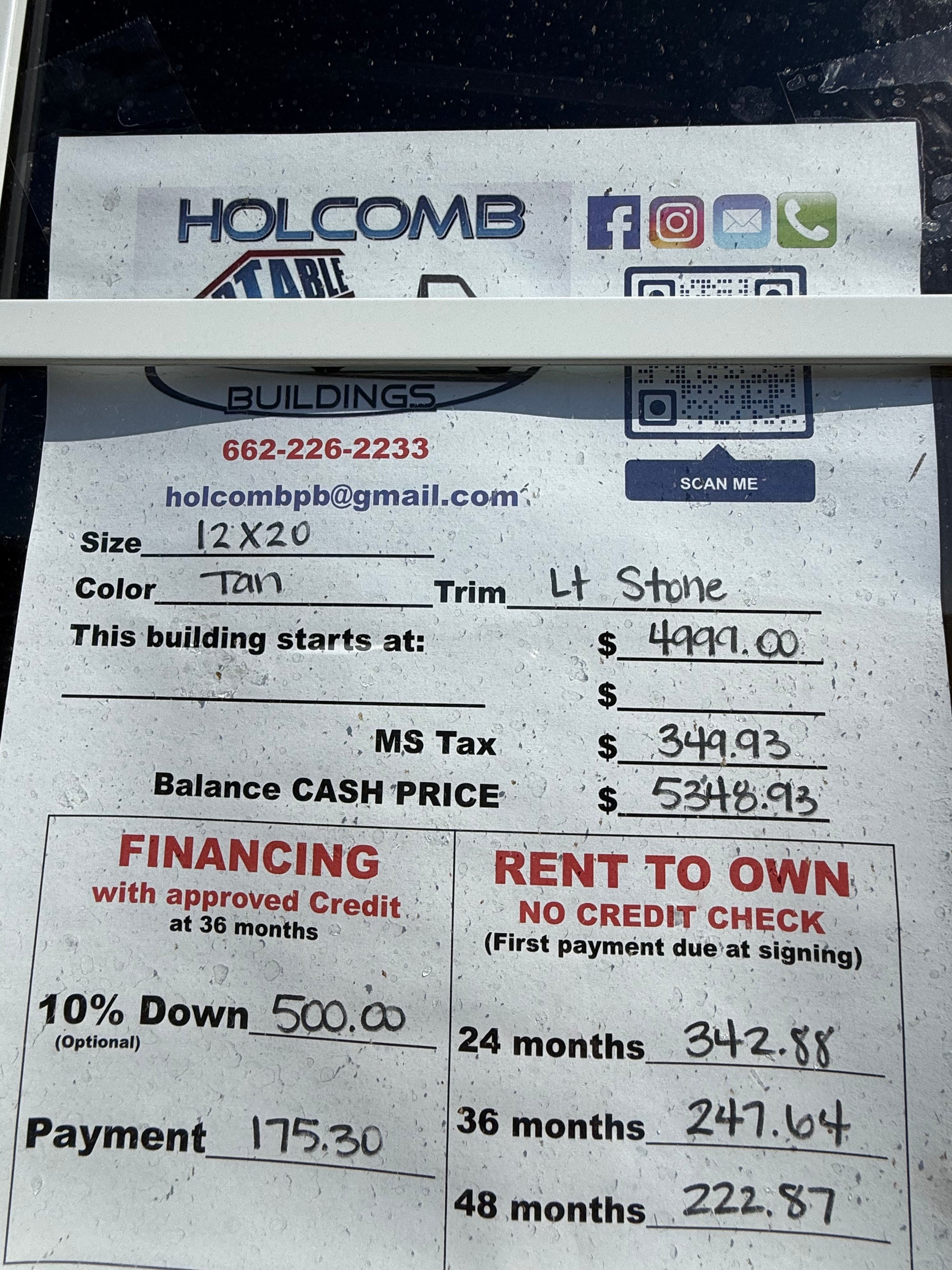 Pricing for 12x20 regular roof building