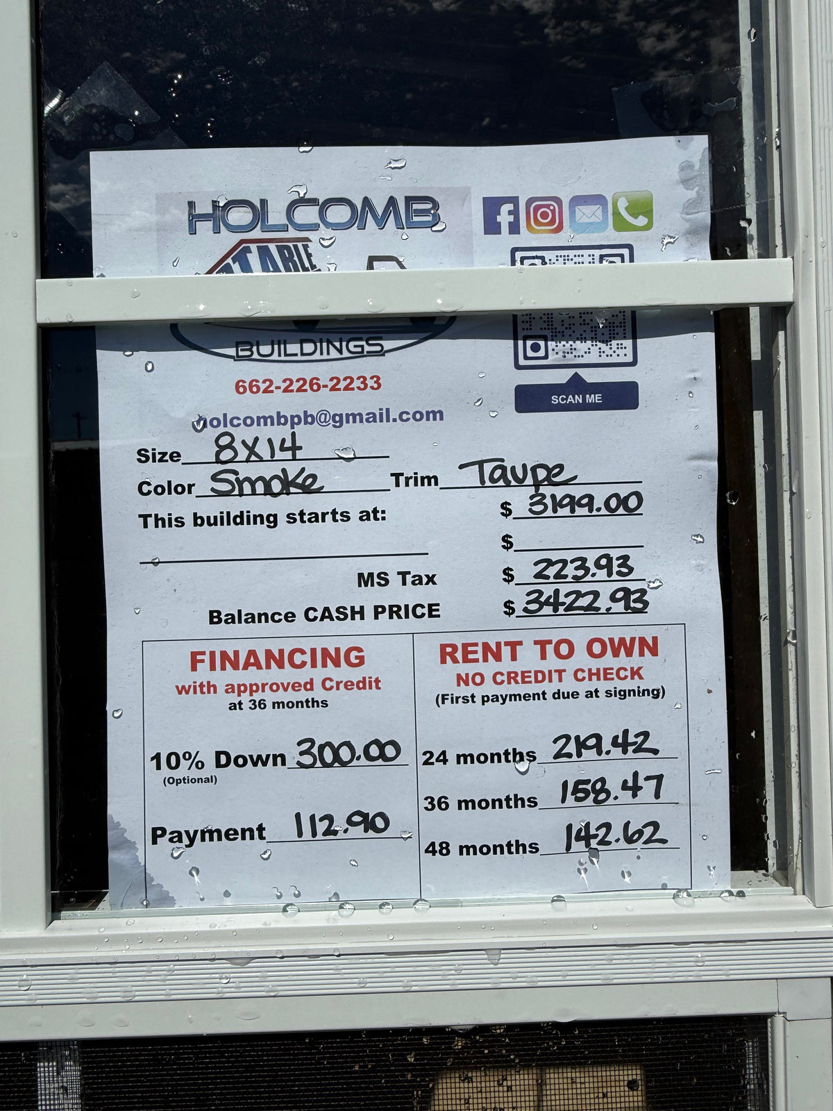 pricing sheet for 8x14 regular roof portable building 