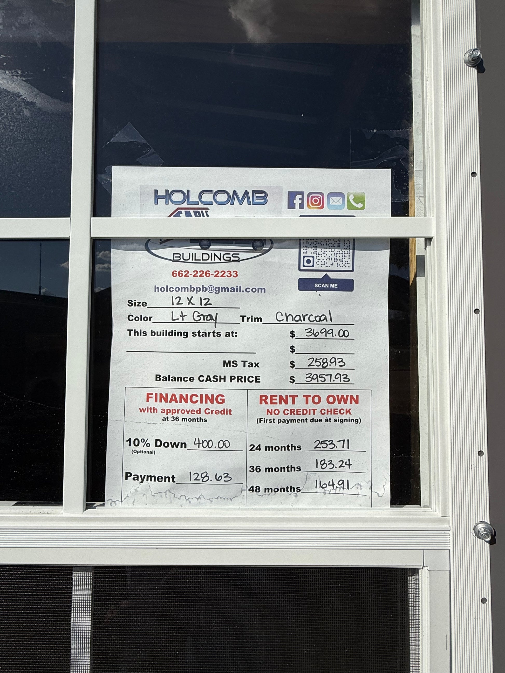 pricing sign for 12x12 regular roof portable building 