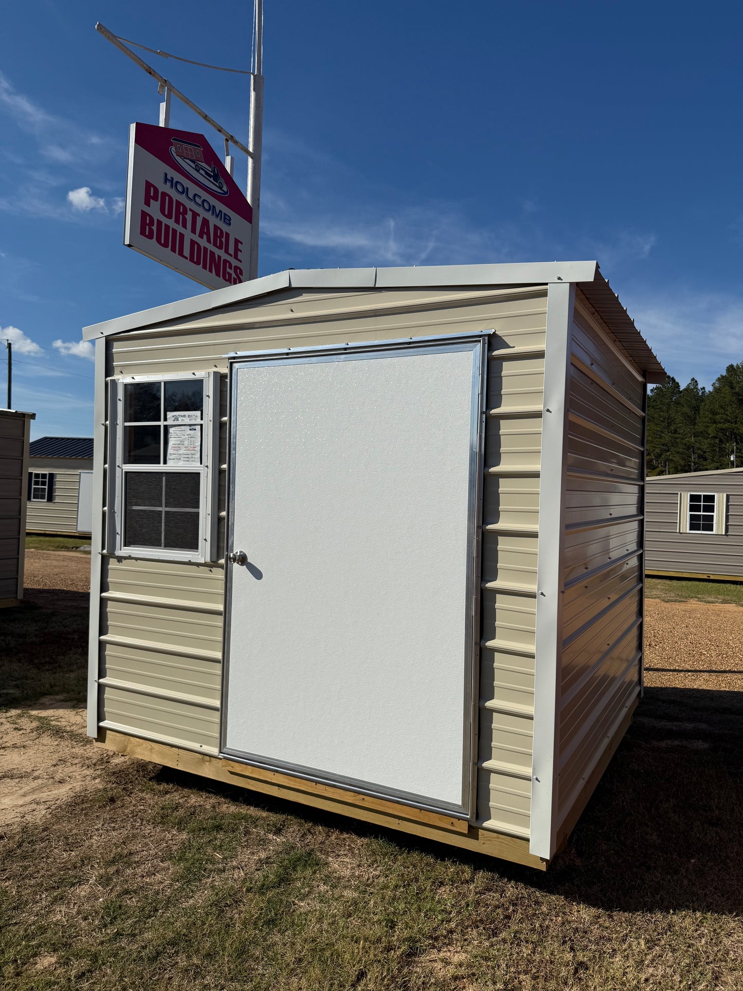 8x8 Light Stone/Alamo white regular roof portable building 