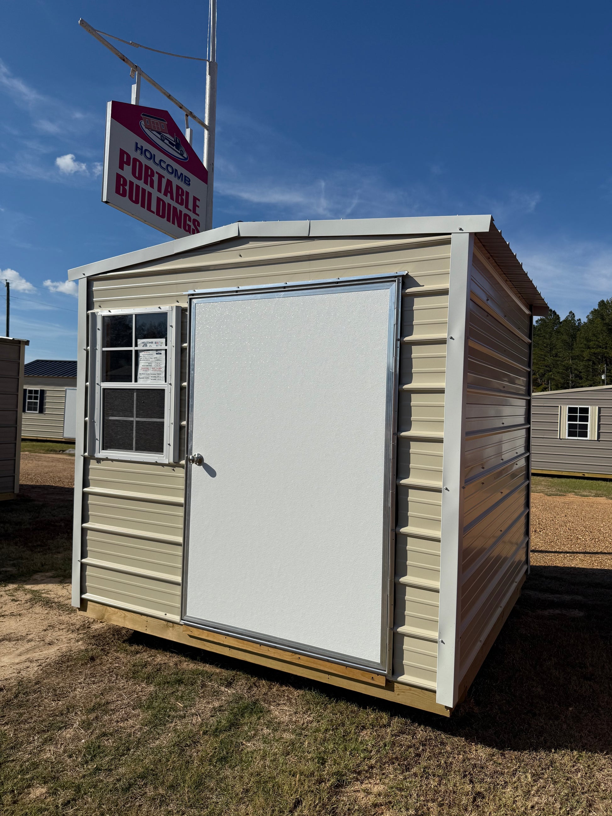 8x8 Light Stone/Alamo white regular roof portable building 