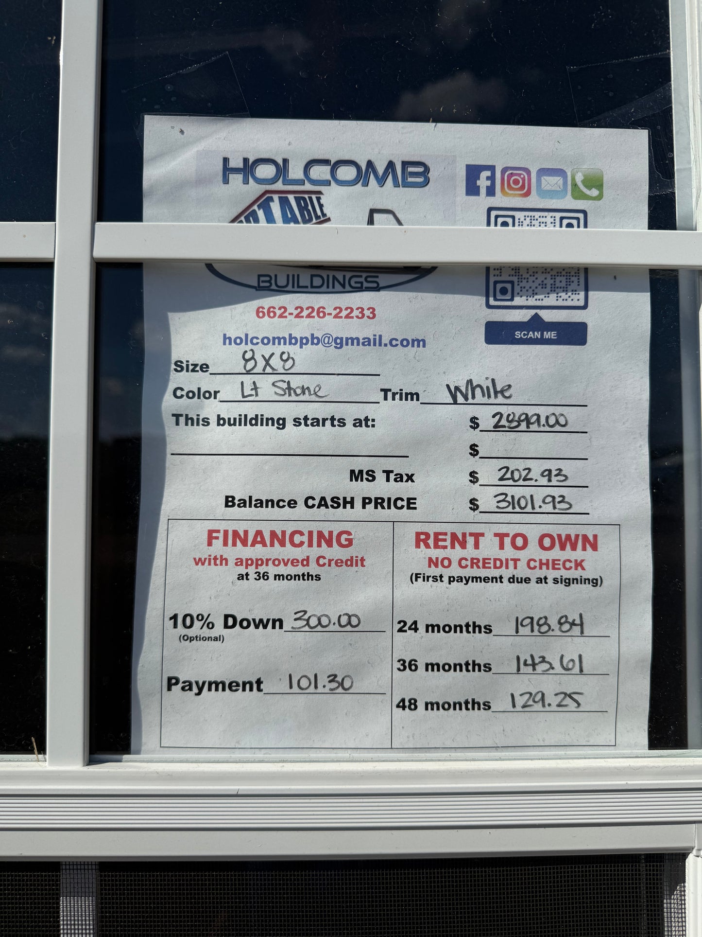 pricing sign for 8x8 regular roof portable storage building 