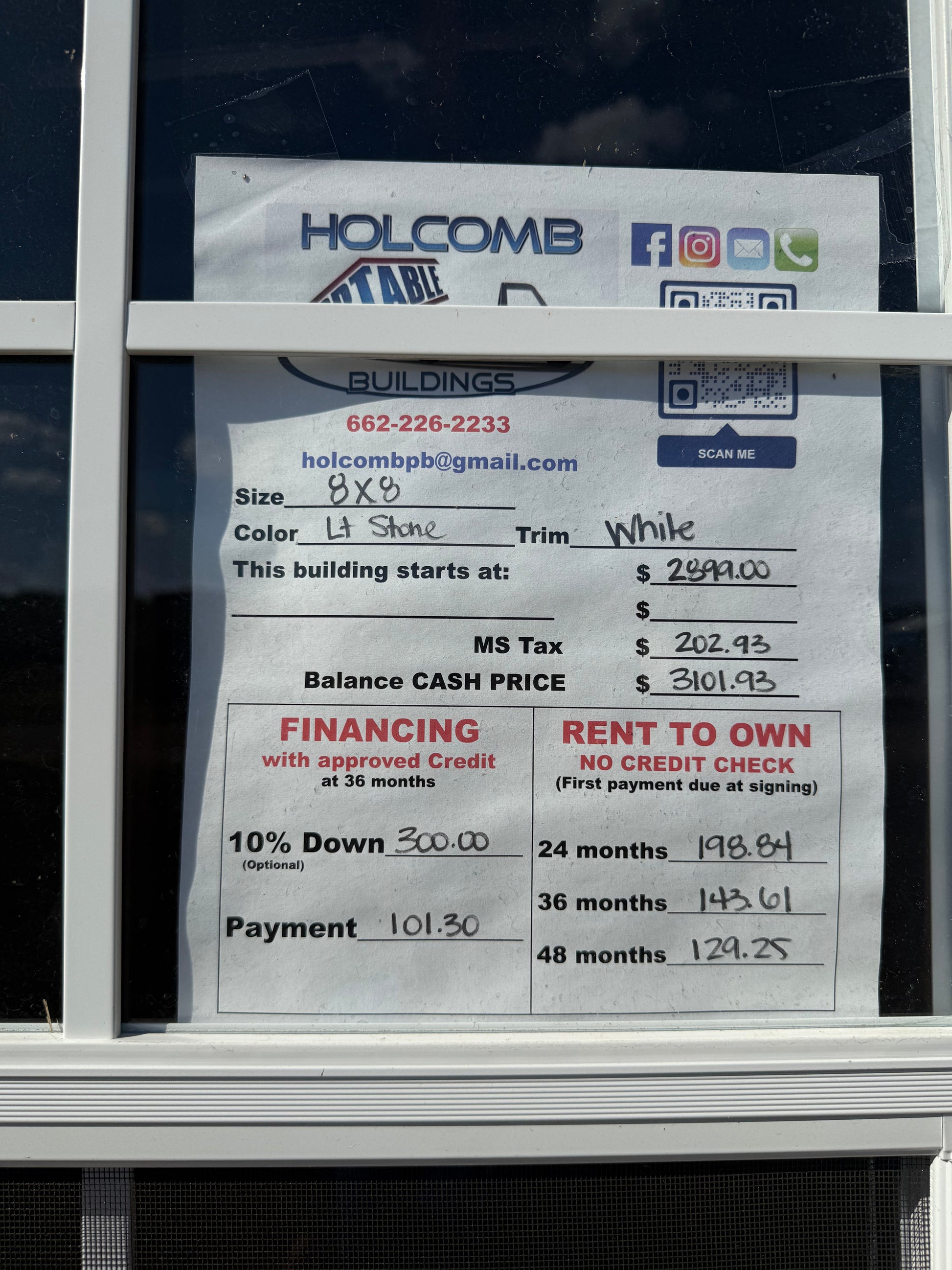 pricing sign for 8x8 regular roof portable storage building 